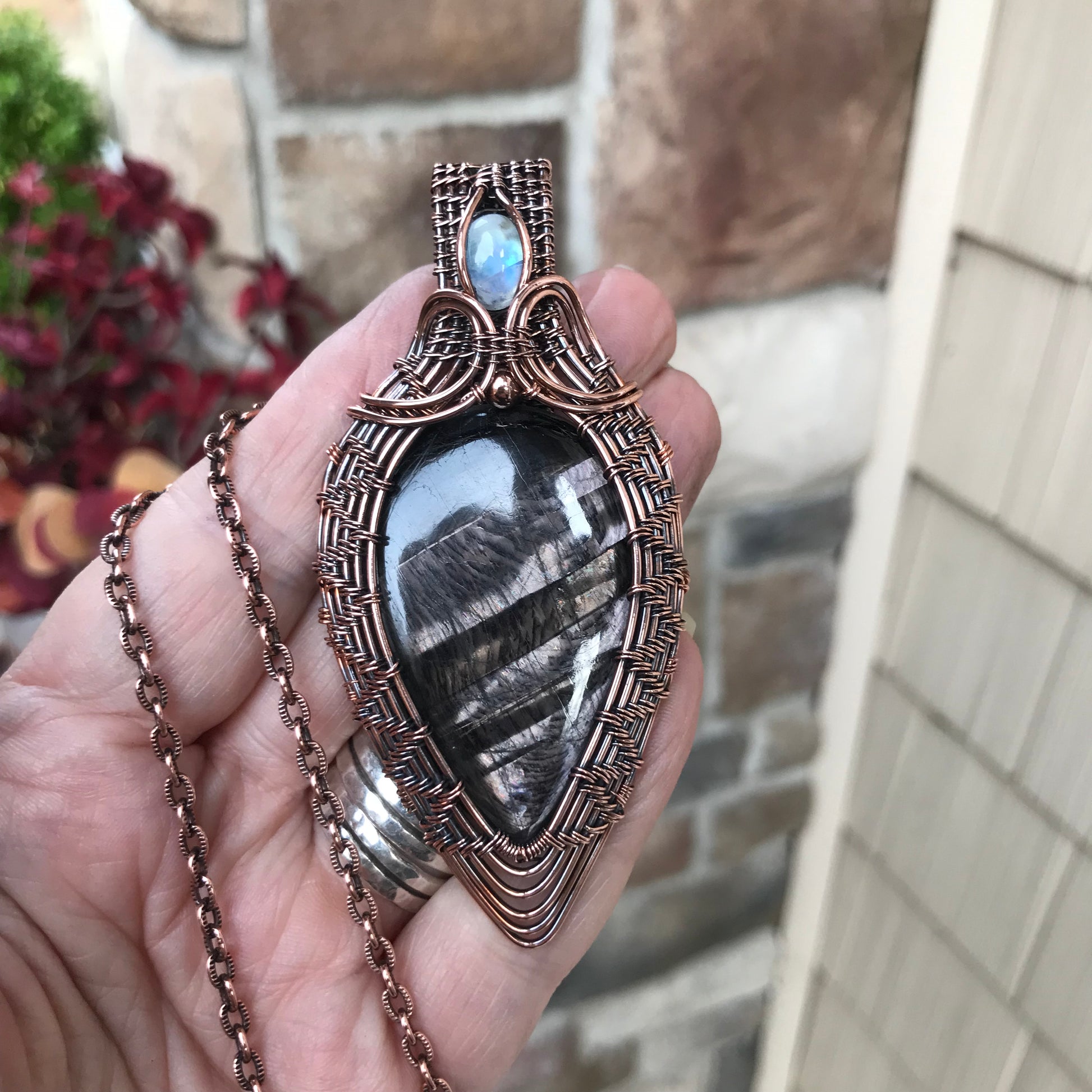 Hypersthene & Moonstone Woven Pendant