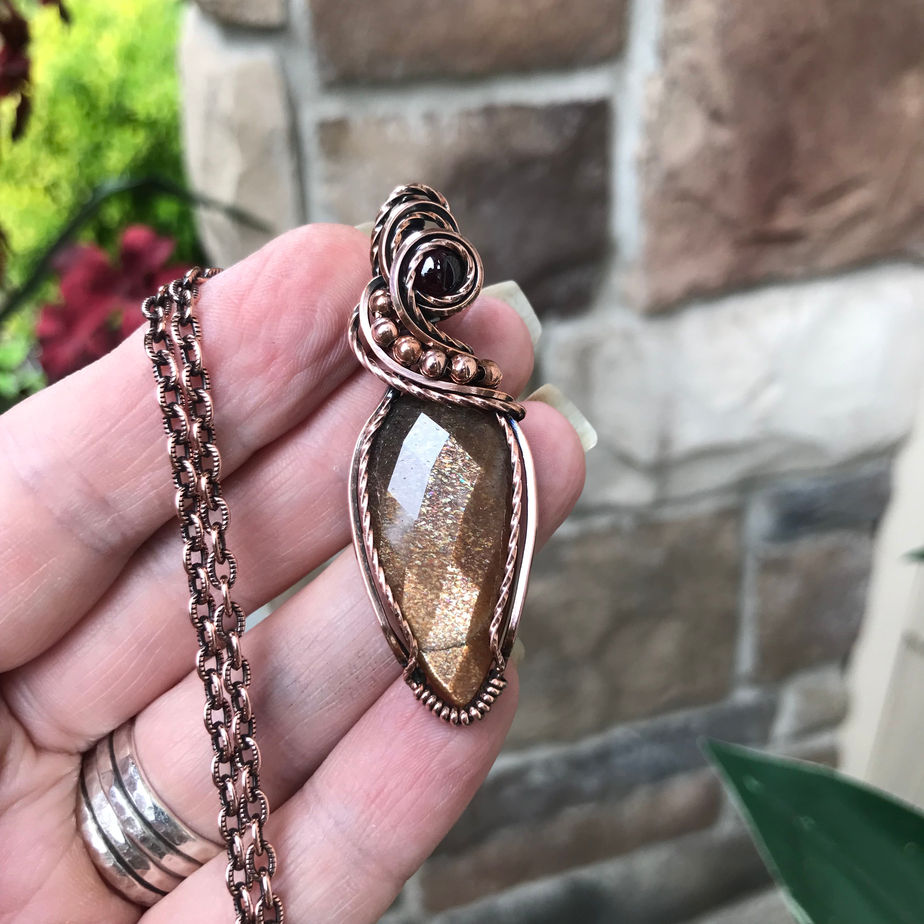 Sunstone & Garnet Copper  Pendant