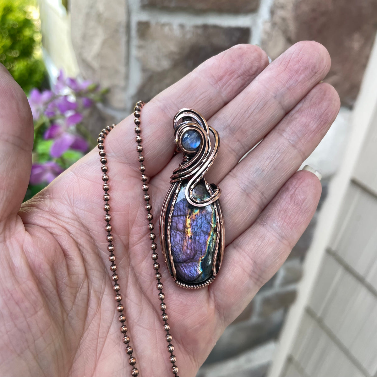 Purple Labradorite & Moonstone Oval Copper Pendant