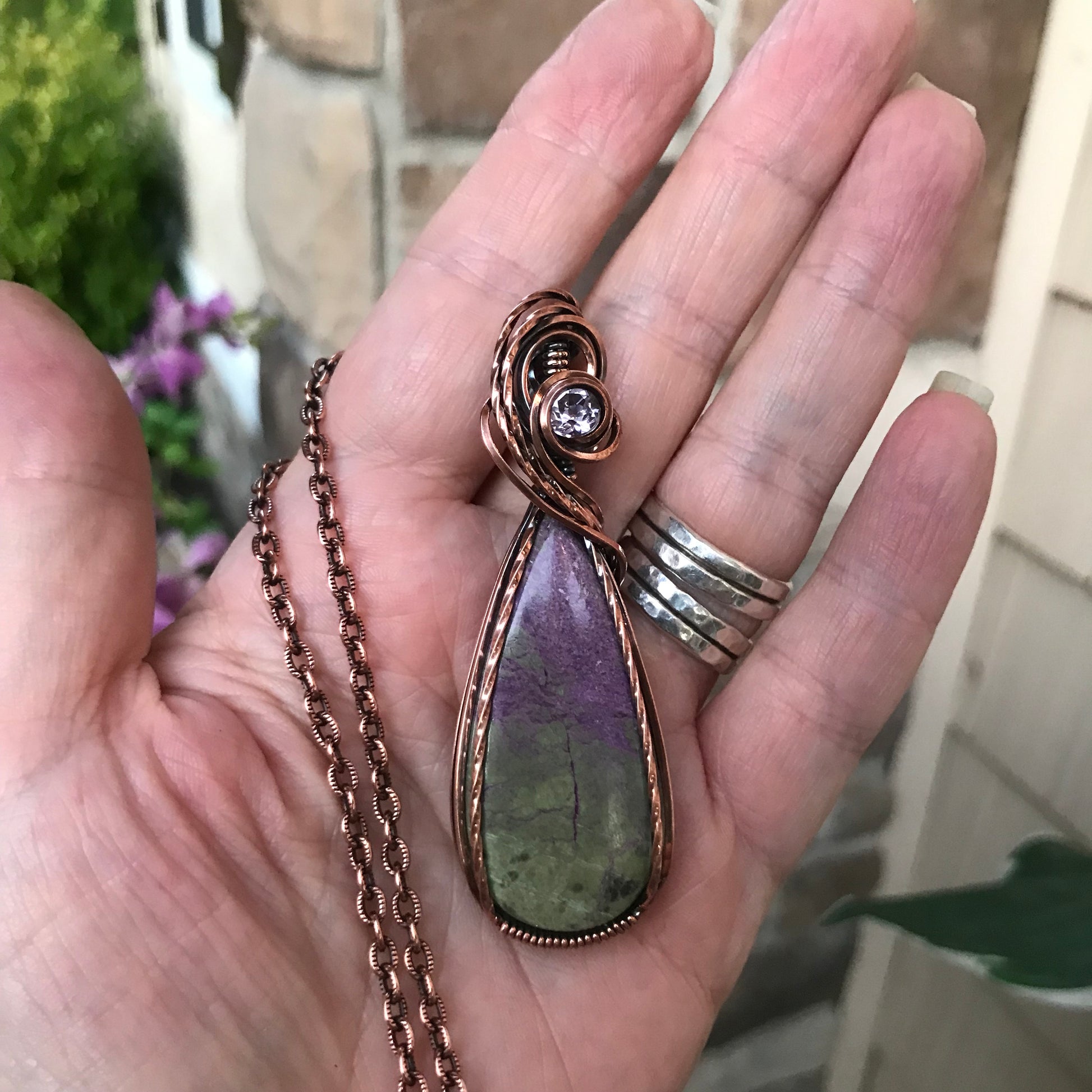 Stichtite & Pink Amethyst Slender Swirly Copper Pendant
