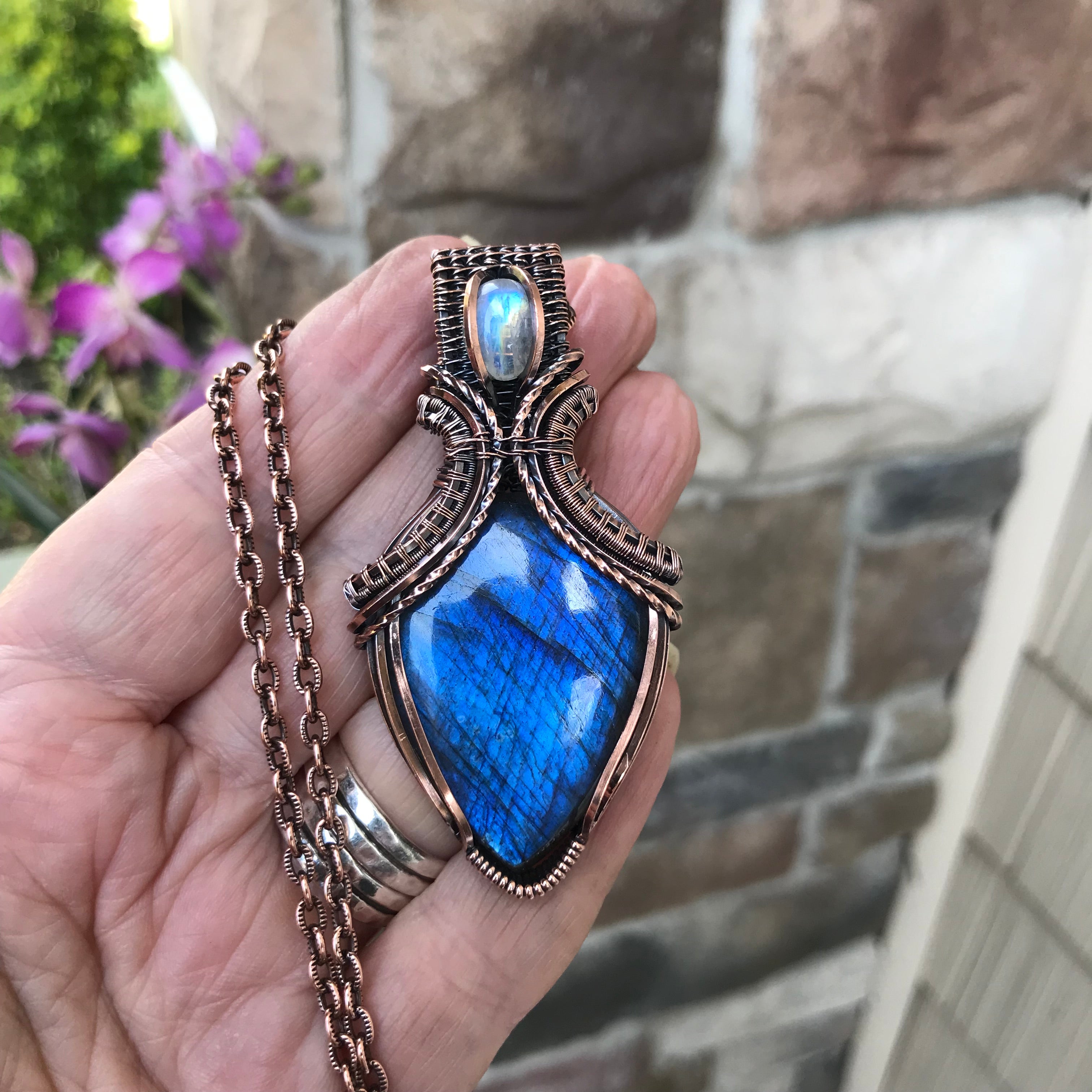 Blue Labradorite & Moonstone Copper Pendant with Weaving