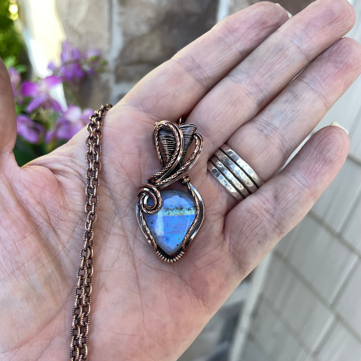 Blue Moonstone with Tourmaline Flecks Copper Pendant