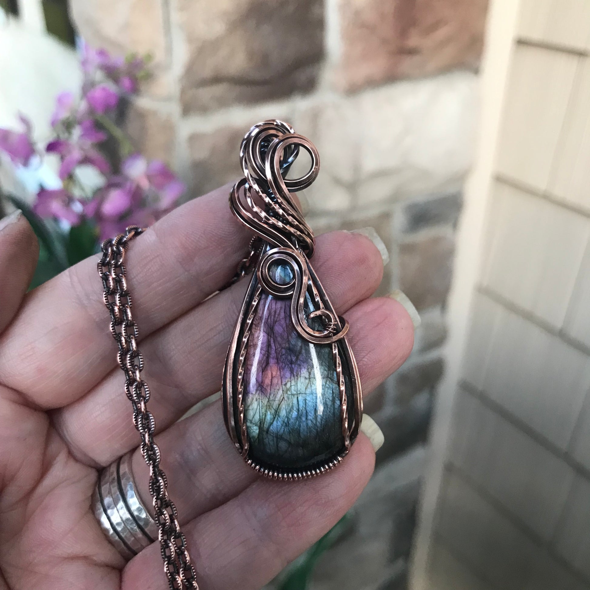 Green & Purple Labradorite Copper Pendant