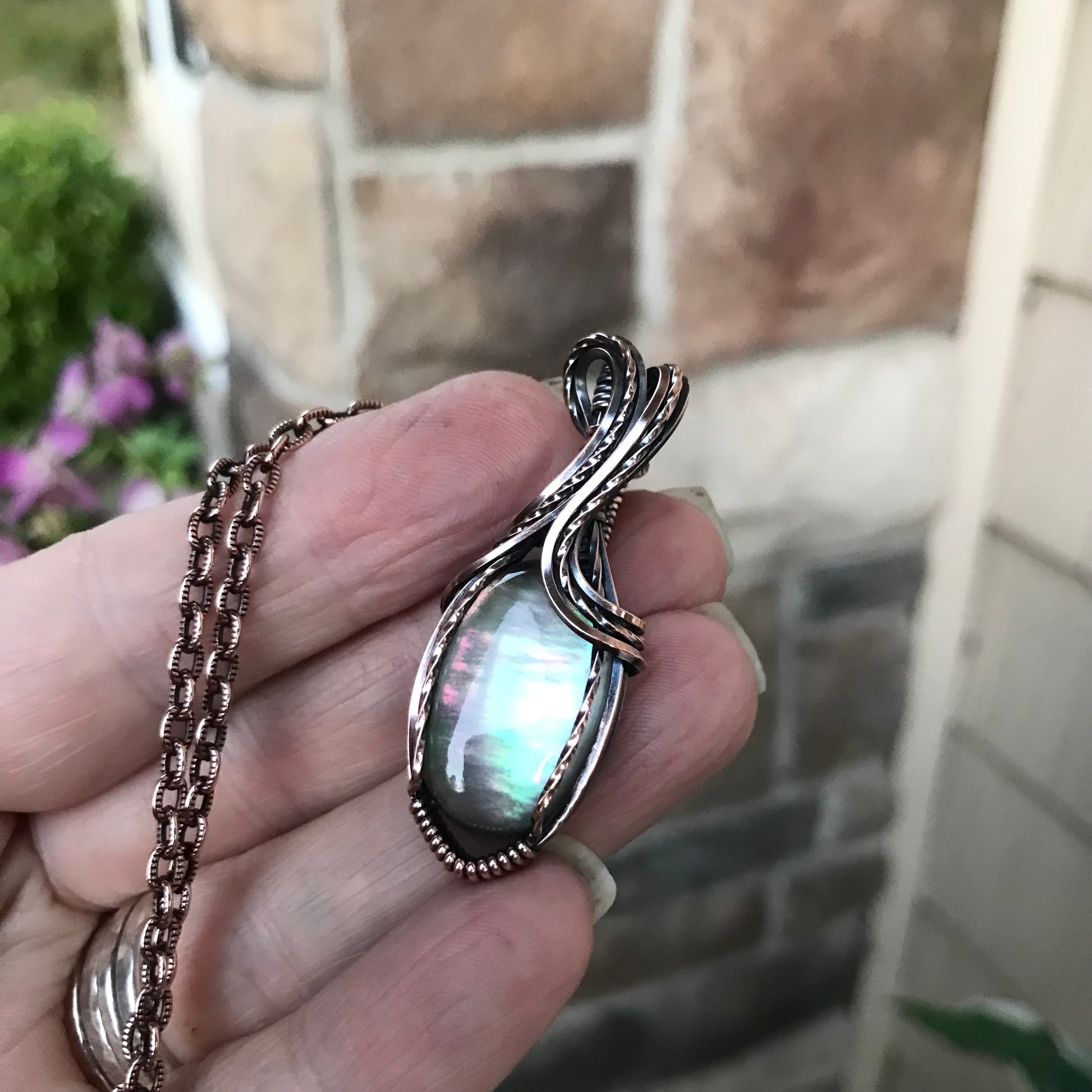 Mother of Pearl Oval Pink & Green Doublet Copper Necklace