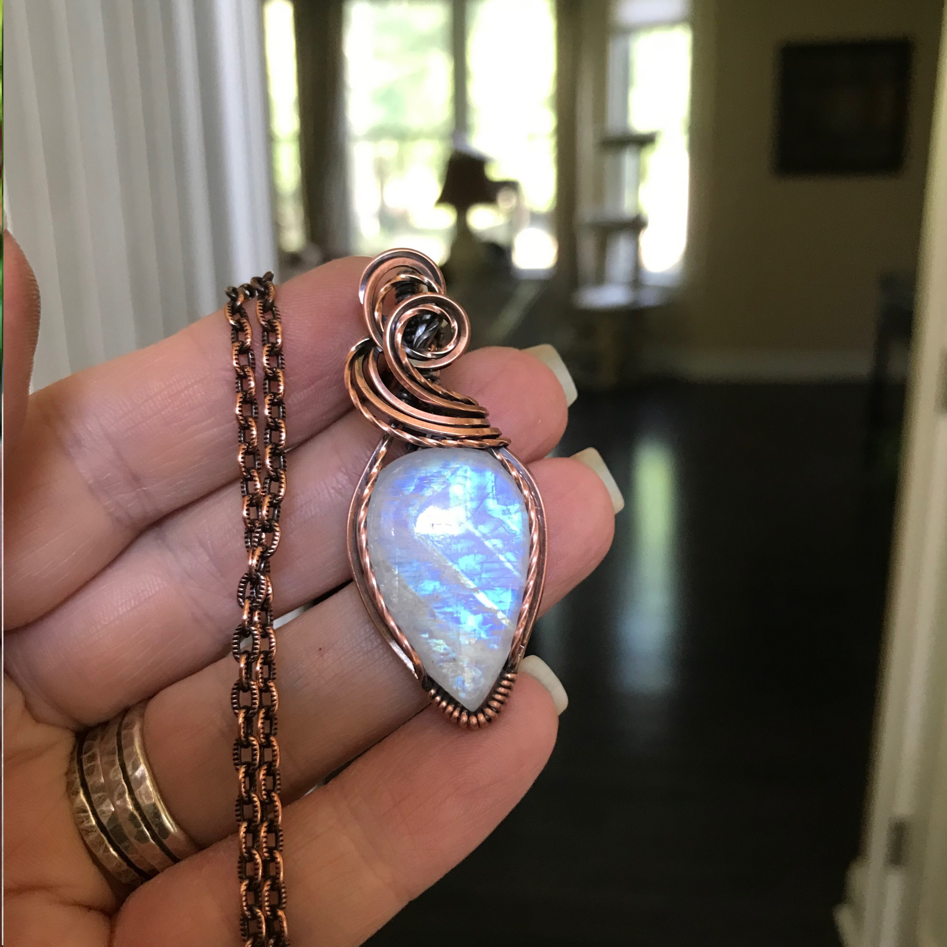 Rainbow Moonstone Copper Pendant