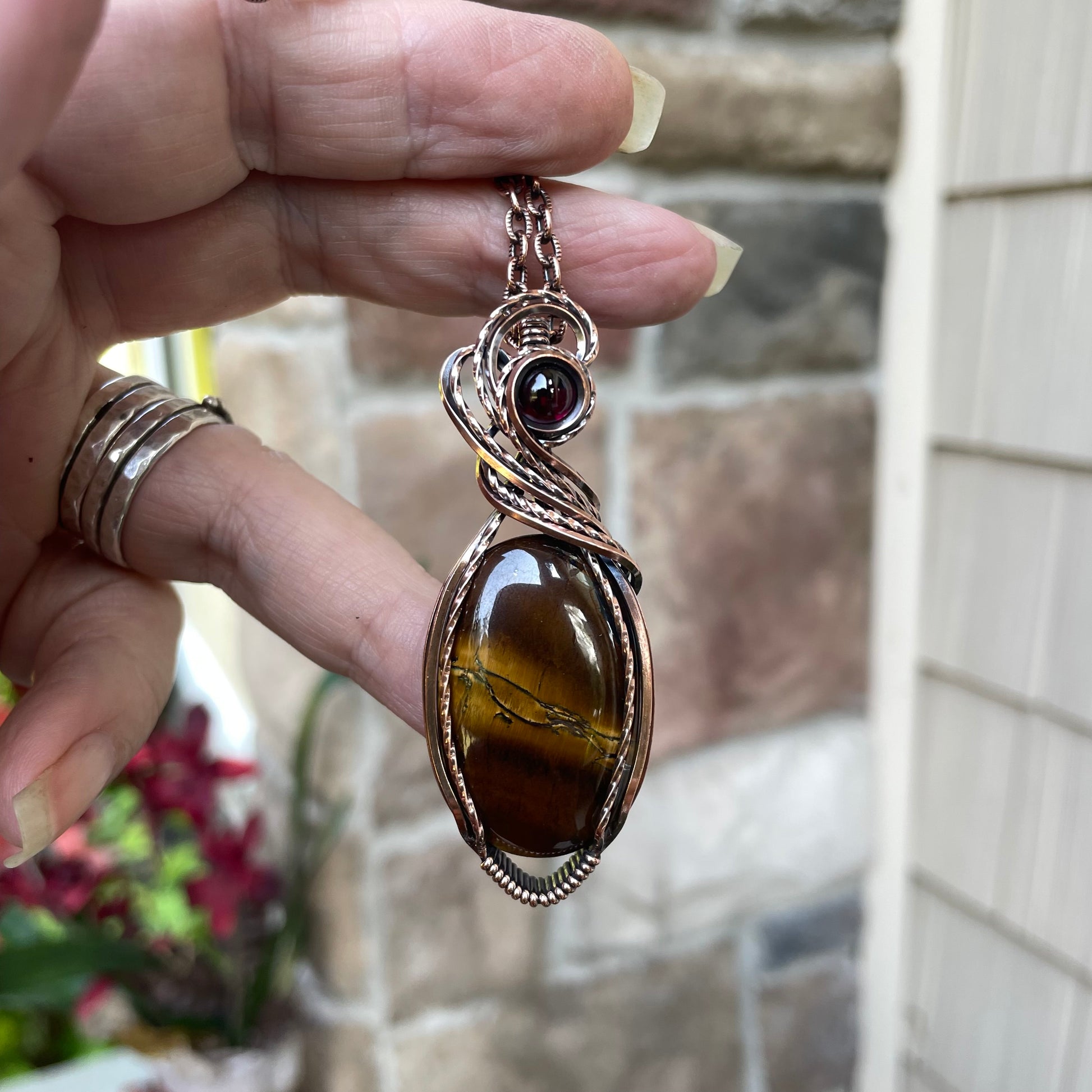 Tiger Eye & Garnet Oval Copper Pendant