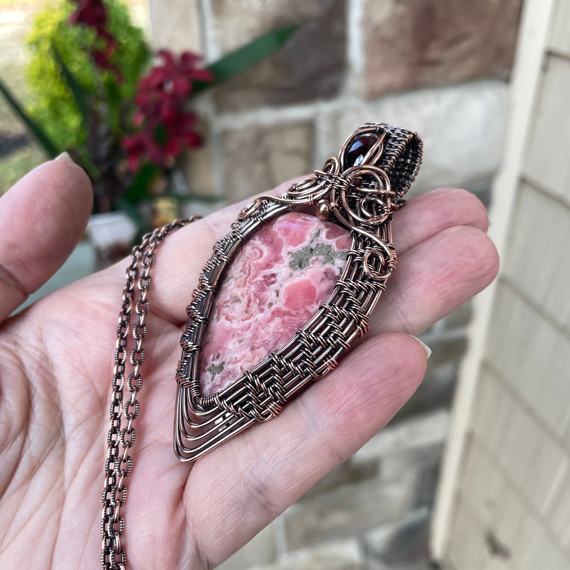 Rhodochrosite & Garnet Woven Copper Pendant