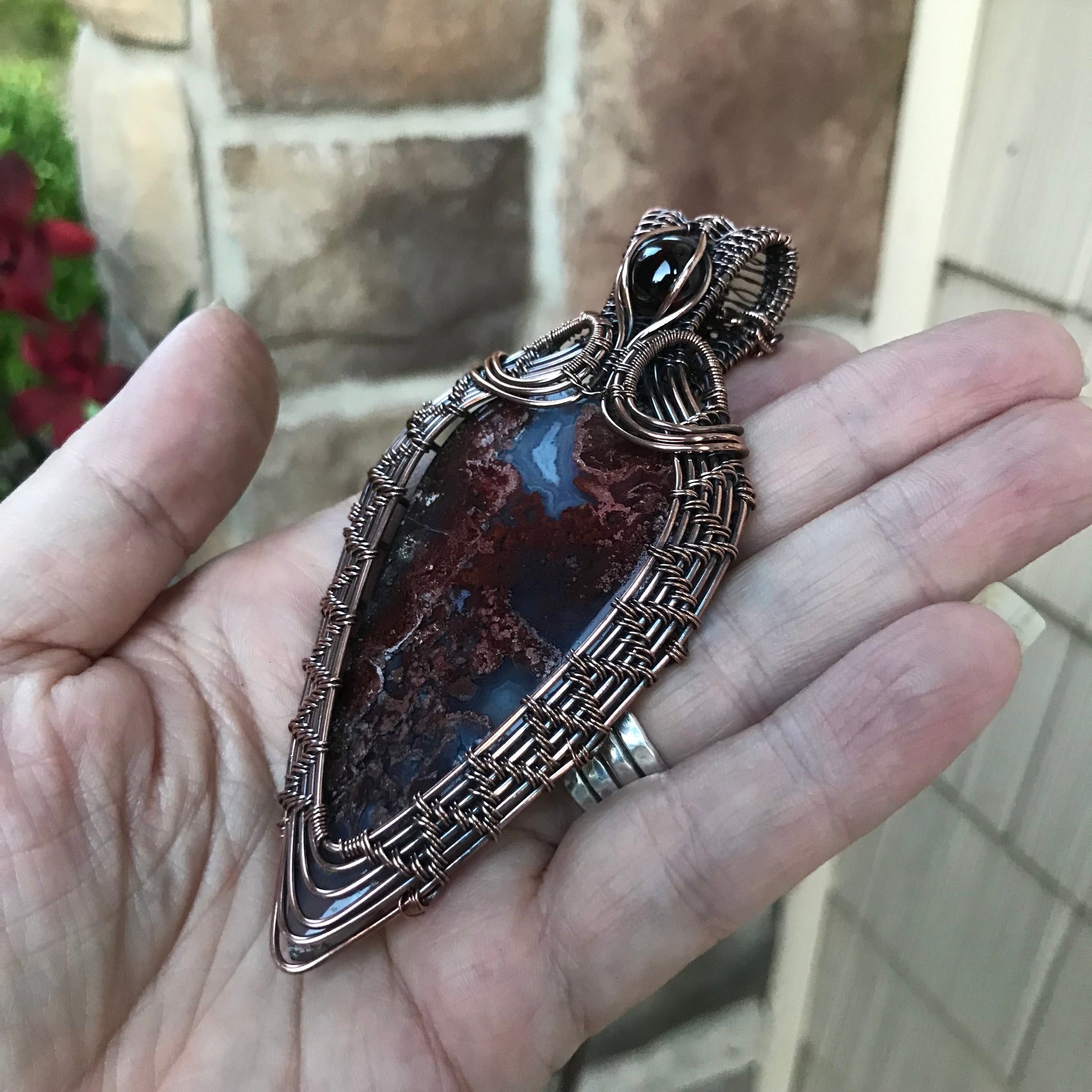 Red Moss Agate & Garnet Woven Statement Copper Pendant