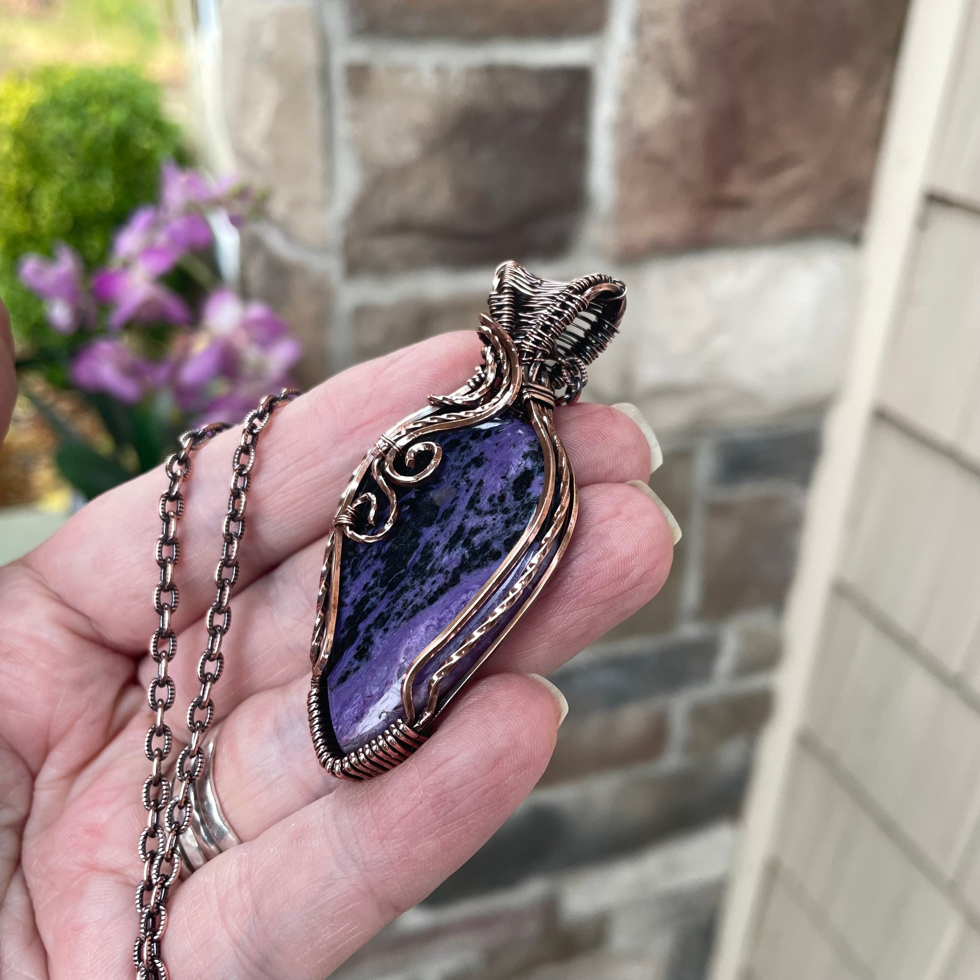 Charoite Swirly Copper Pendant with Woven Bail
