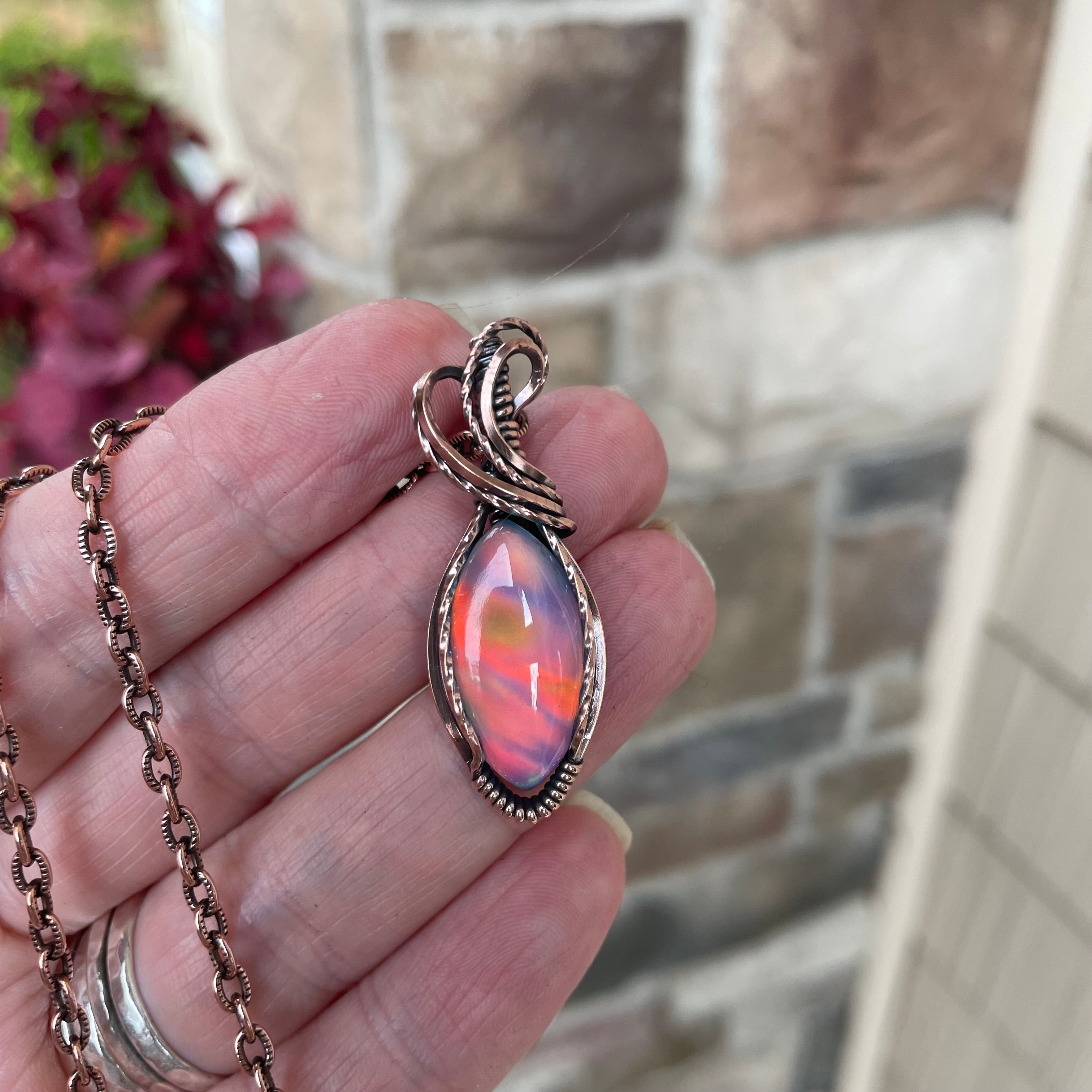 Aurora Opal Orange Pink Marquis Copper Necklace