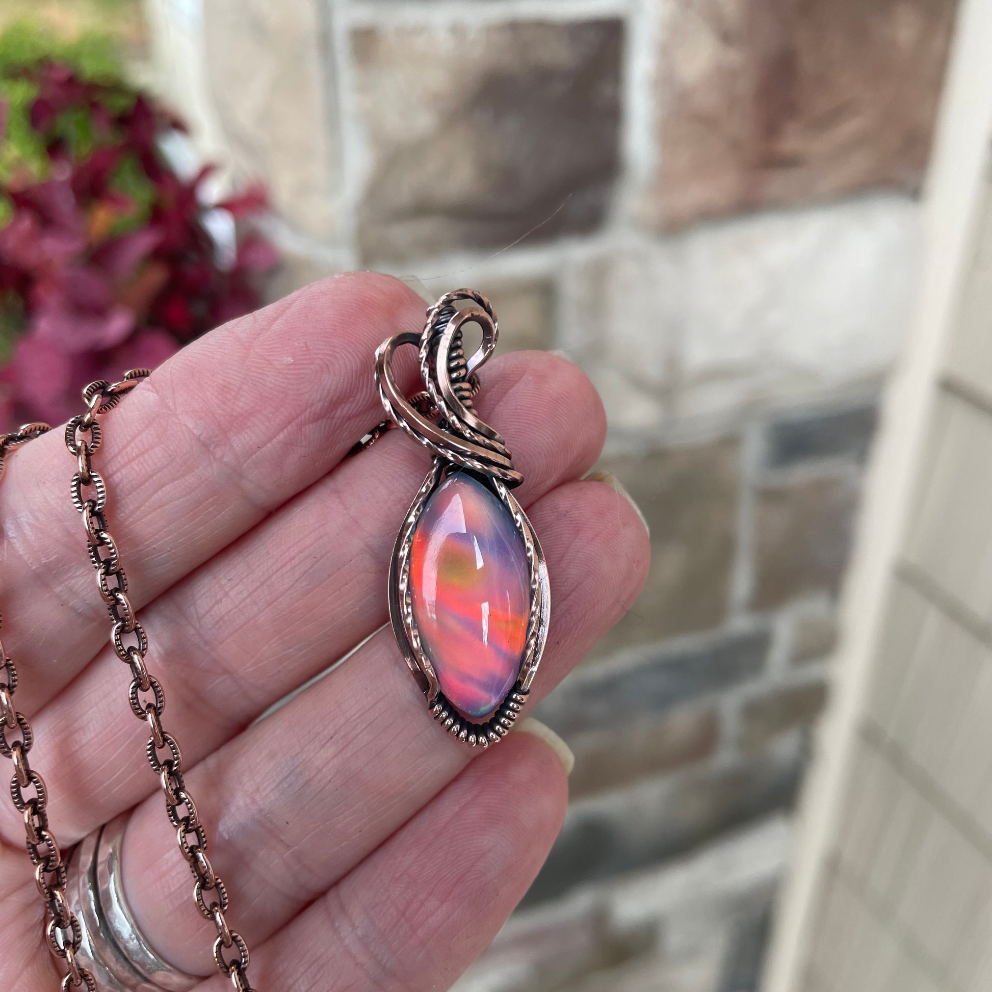 Aurora Opal Orange Pink Marquis Copper Necklace