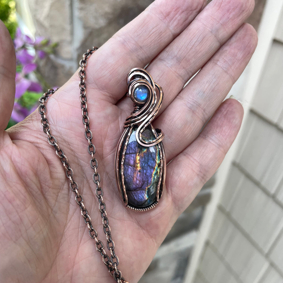 Purple Labradorite & Moonstone Oval Copper Pendant