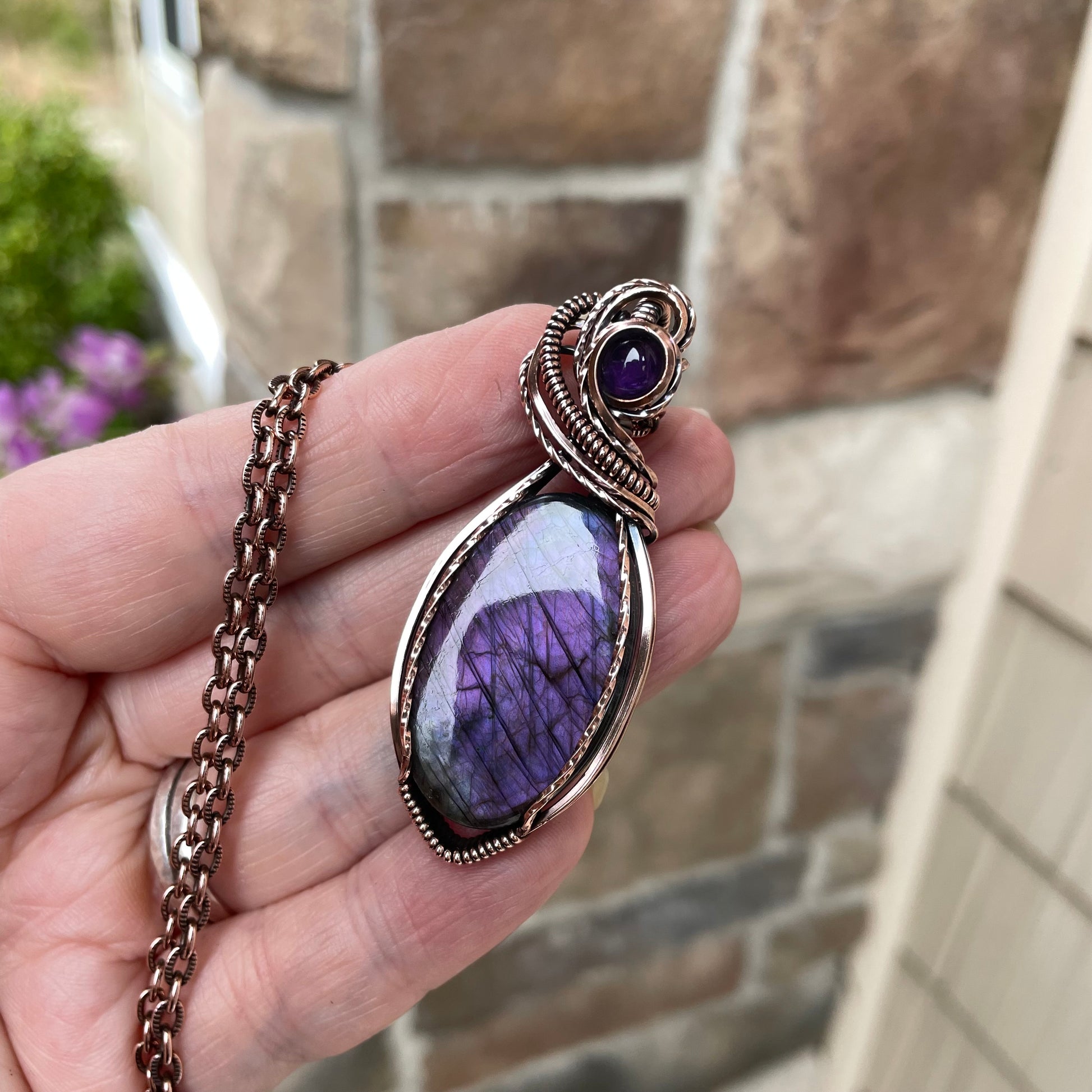 Purple Oval Labradorite & Amethyst Copper Pendant