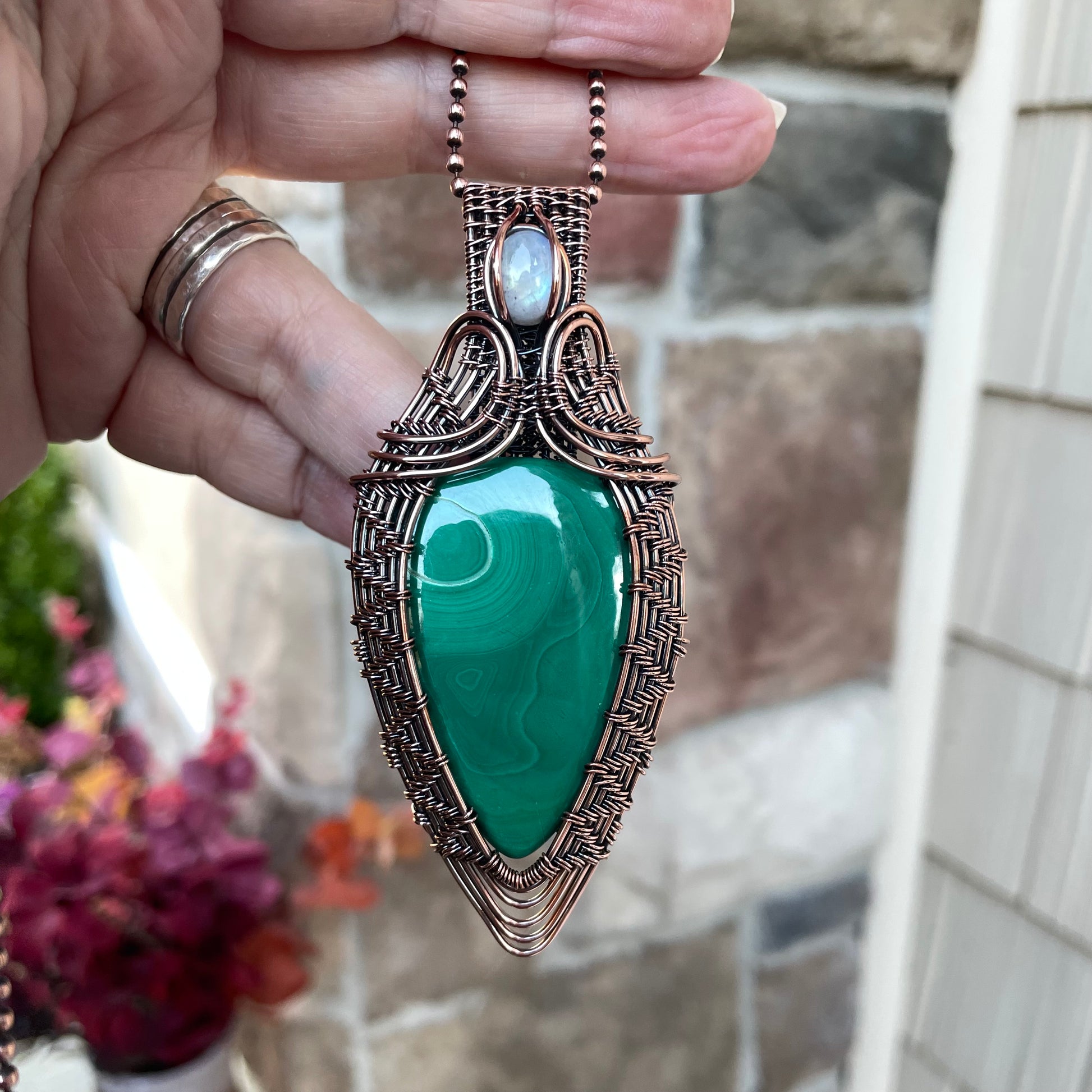 Malachite & Moonstone Woven Copper Pendant