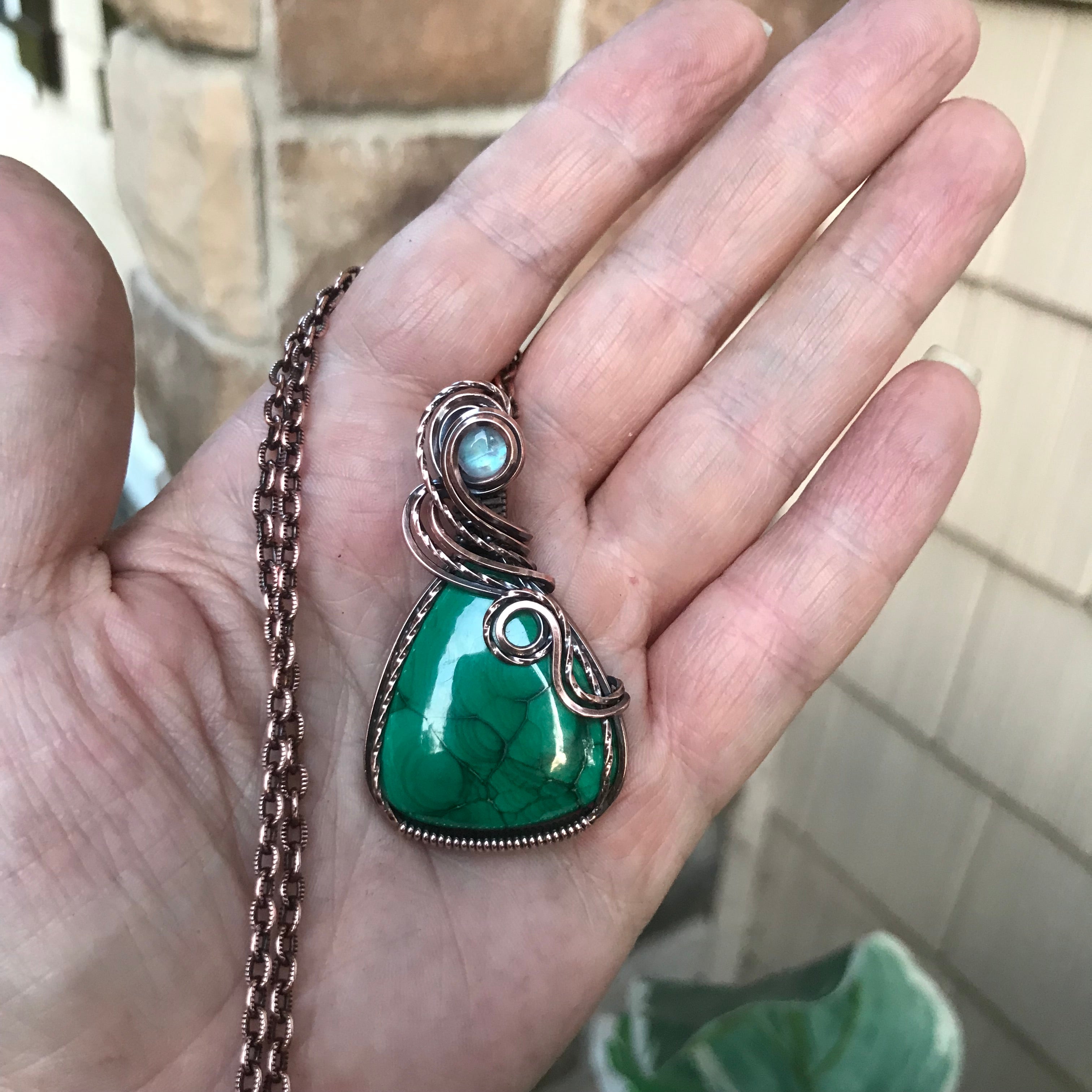 Malachite & Moonstone Copper Teardrop Pendant