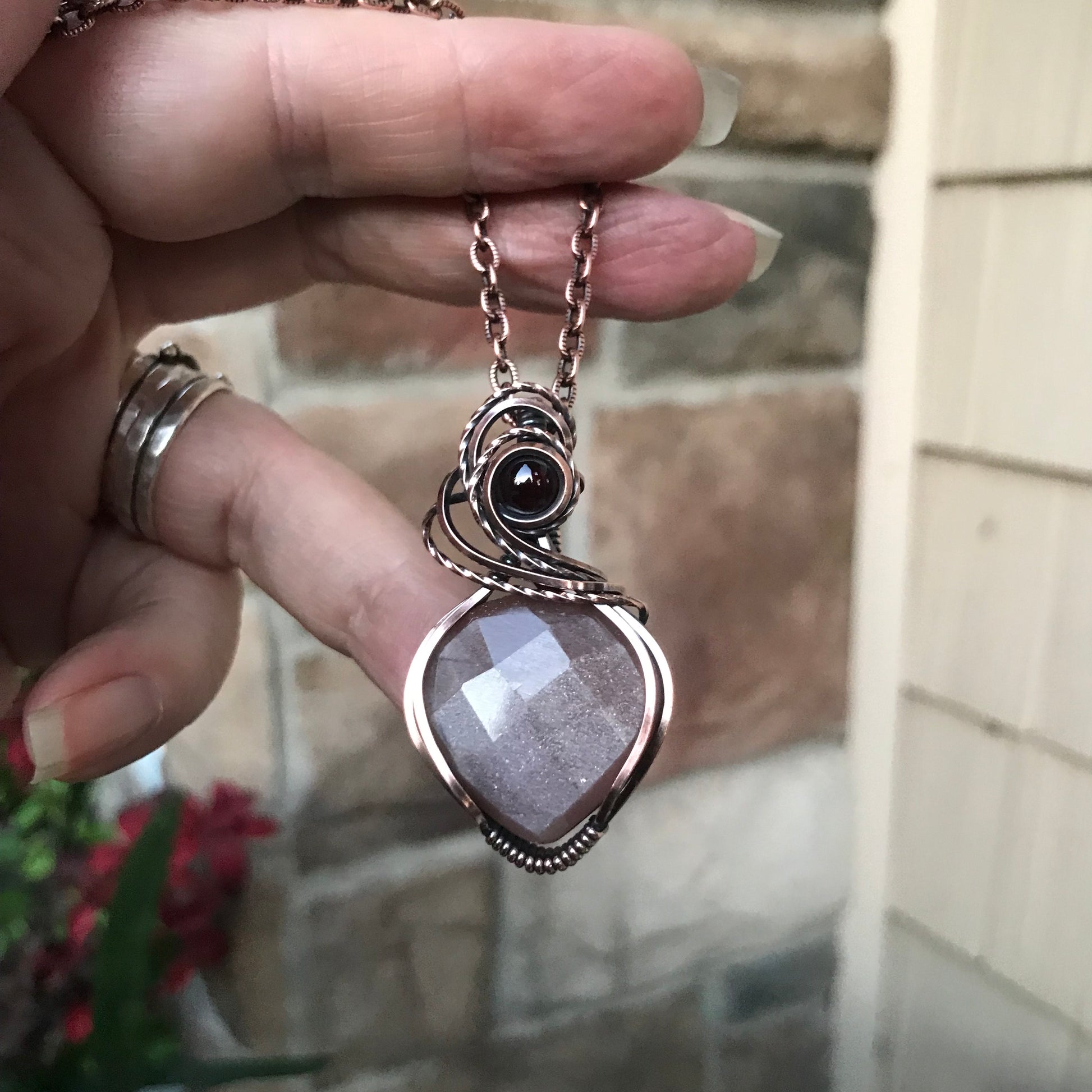 Peach Moonstone & Garnet Copper Necklace