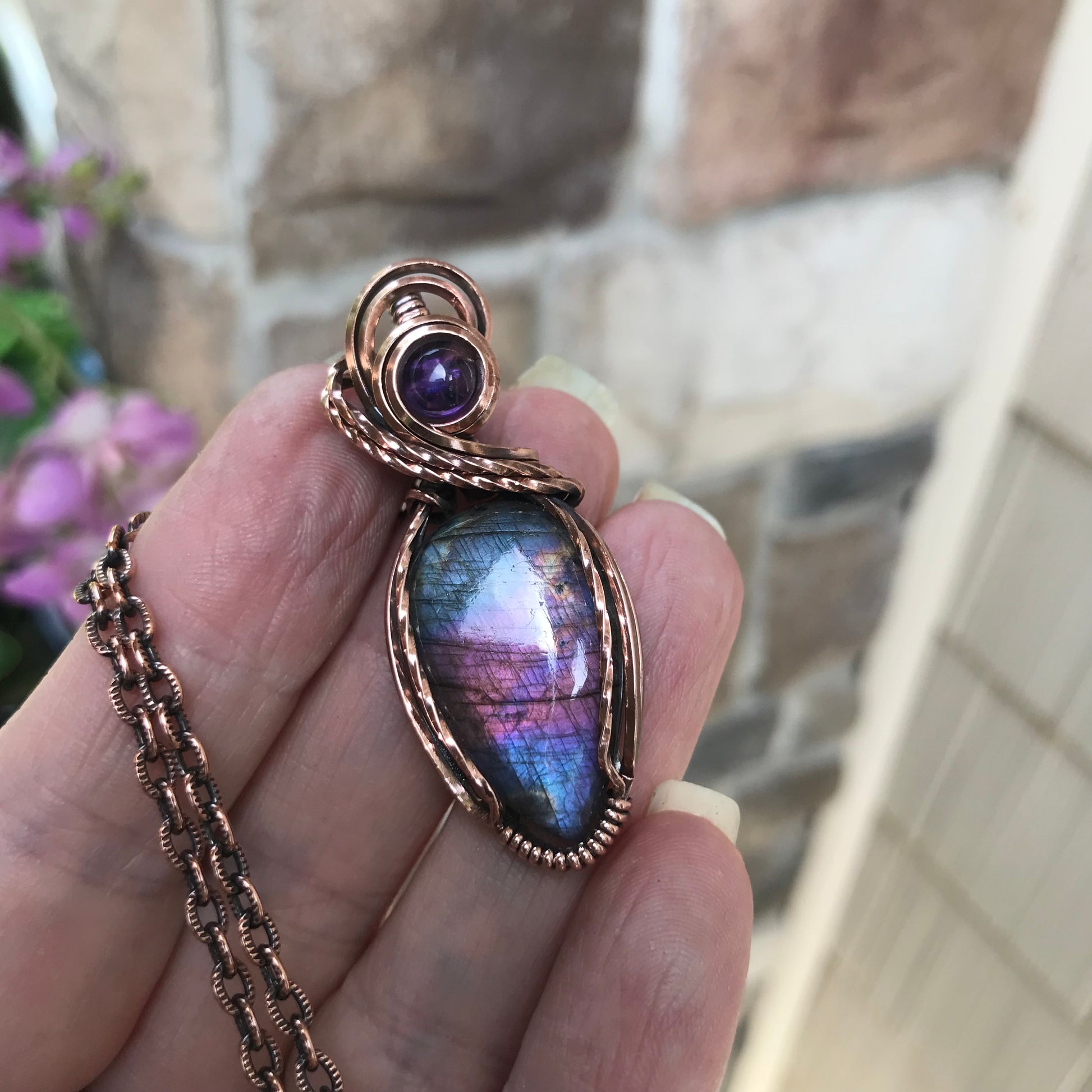 Blue Pink Labradorite & Amethyst Copper Necklace