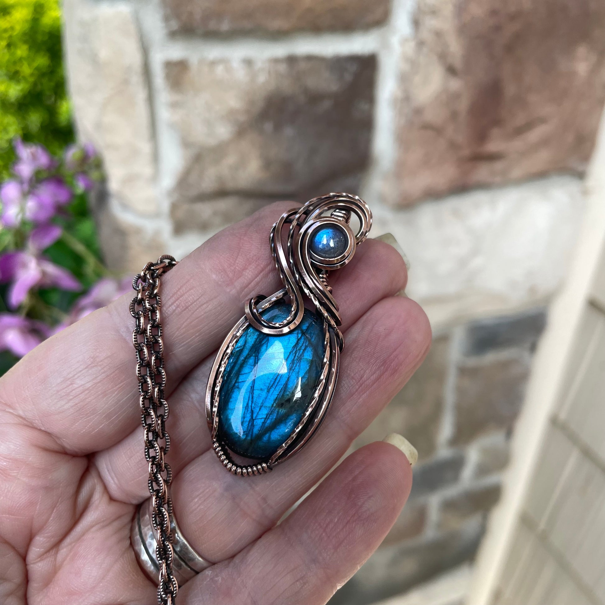 Blue Labradorite Swirly Copper Pendant