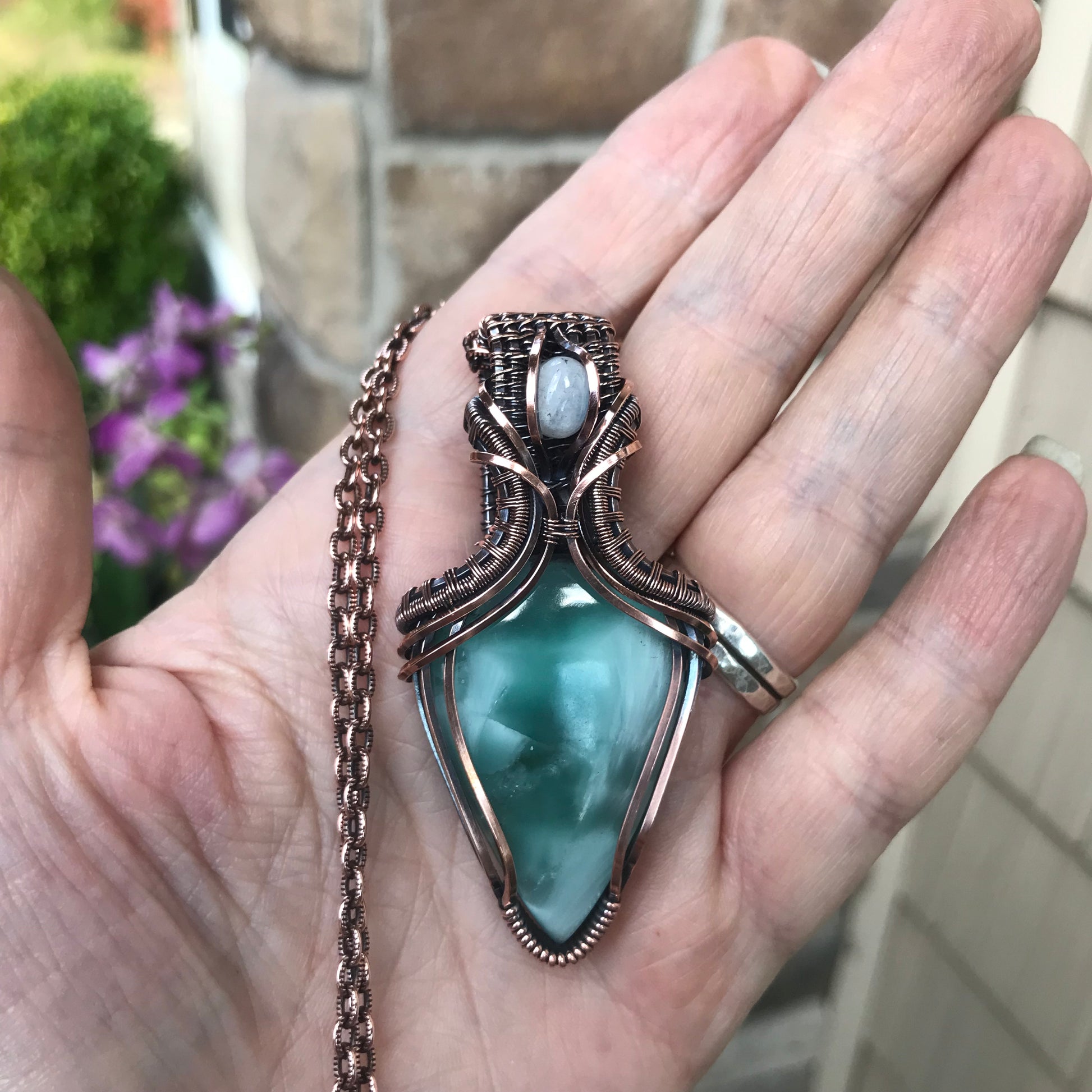 RESERVED FOR K - Hemimorphite & Moonstone Copper Pendant with Weaving