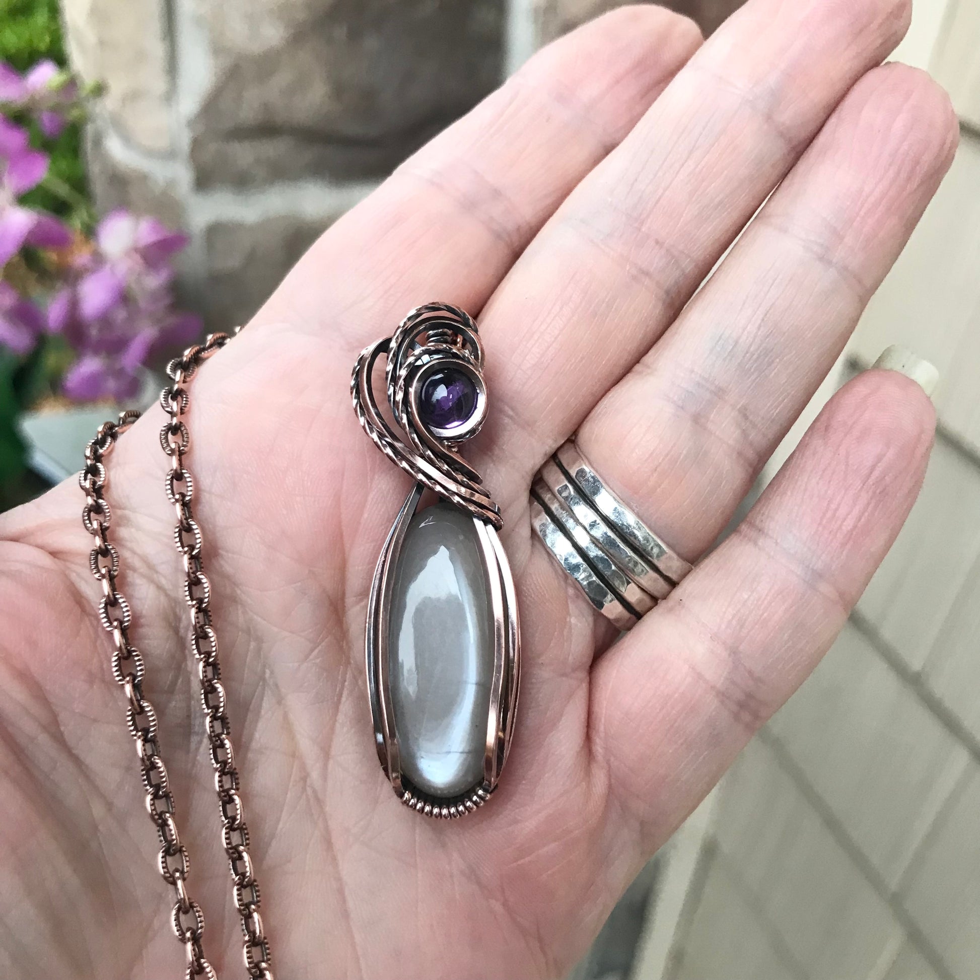 Gray Moonstone & Amethyst Copper Necklace