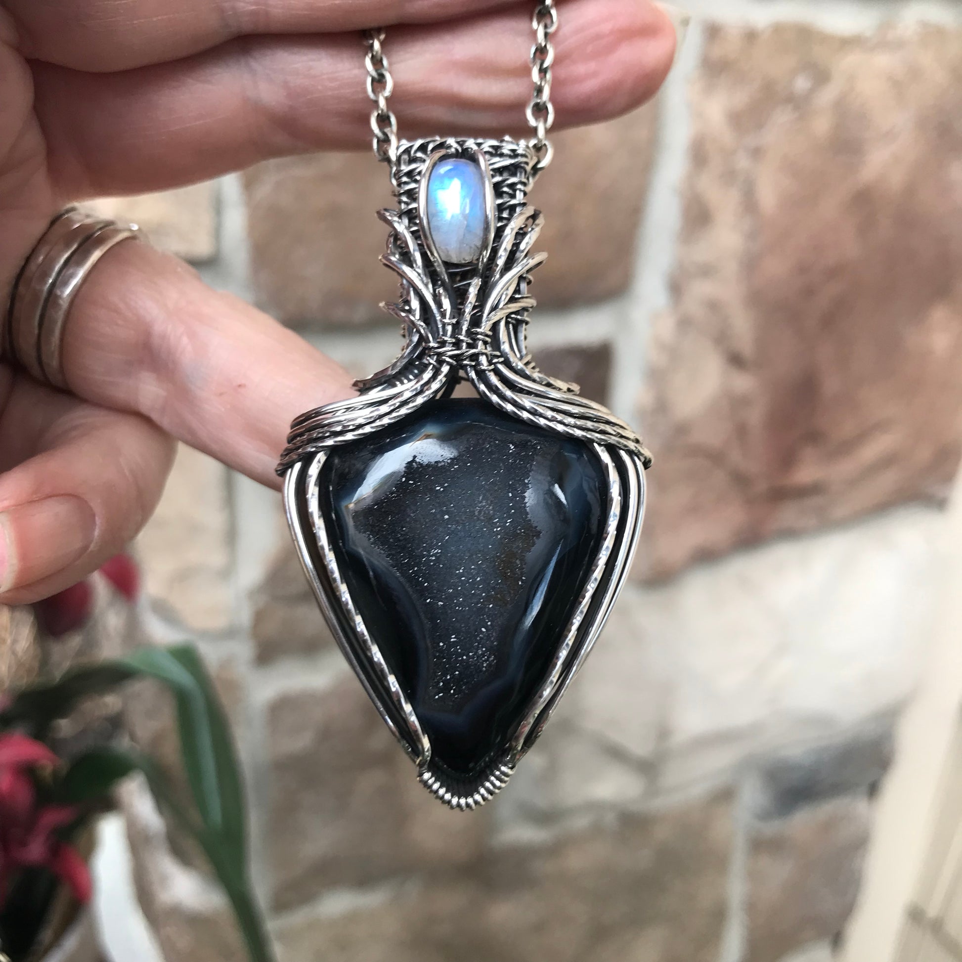 Custom Listing - Black Onyx Druzy & Moonstone Accent Silver Pendant