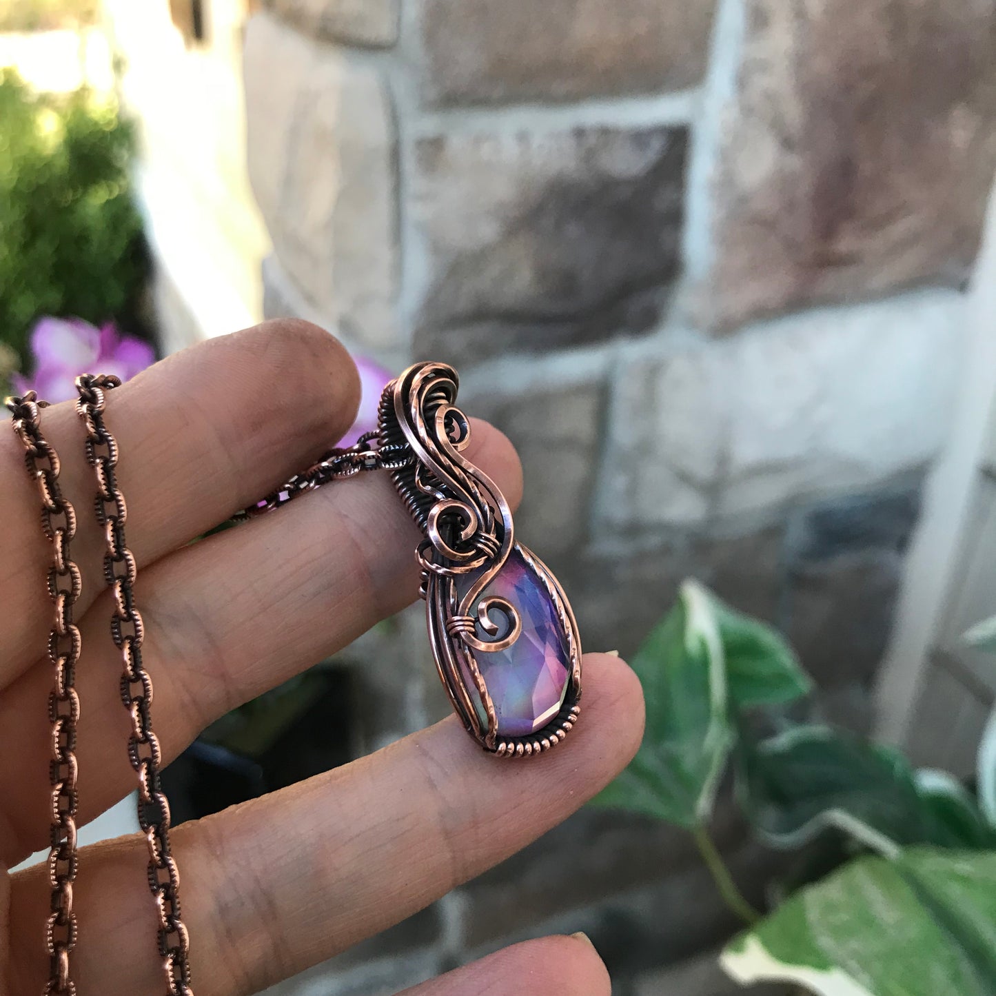 Aurora Opal Faceted Oval Swirly Copper Necklace