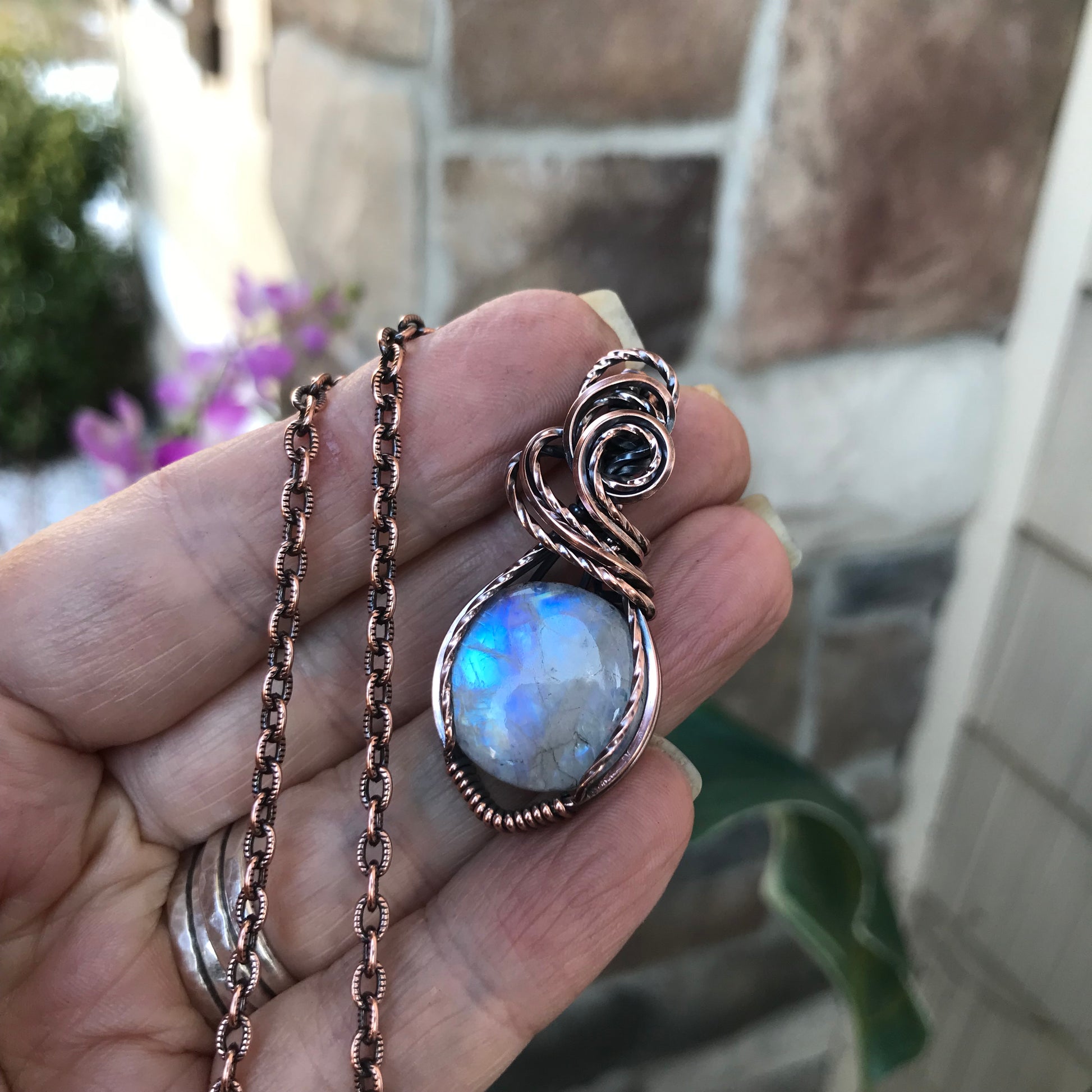 Blue Moonstone Round Copper Necklace