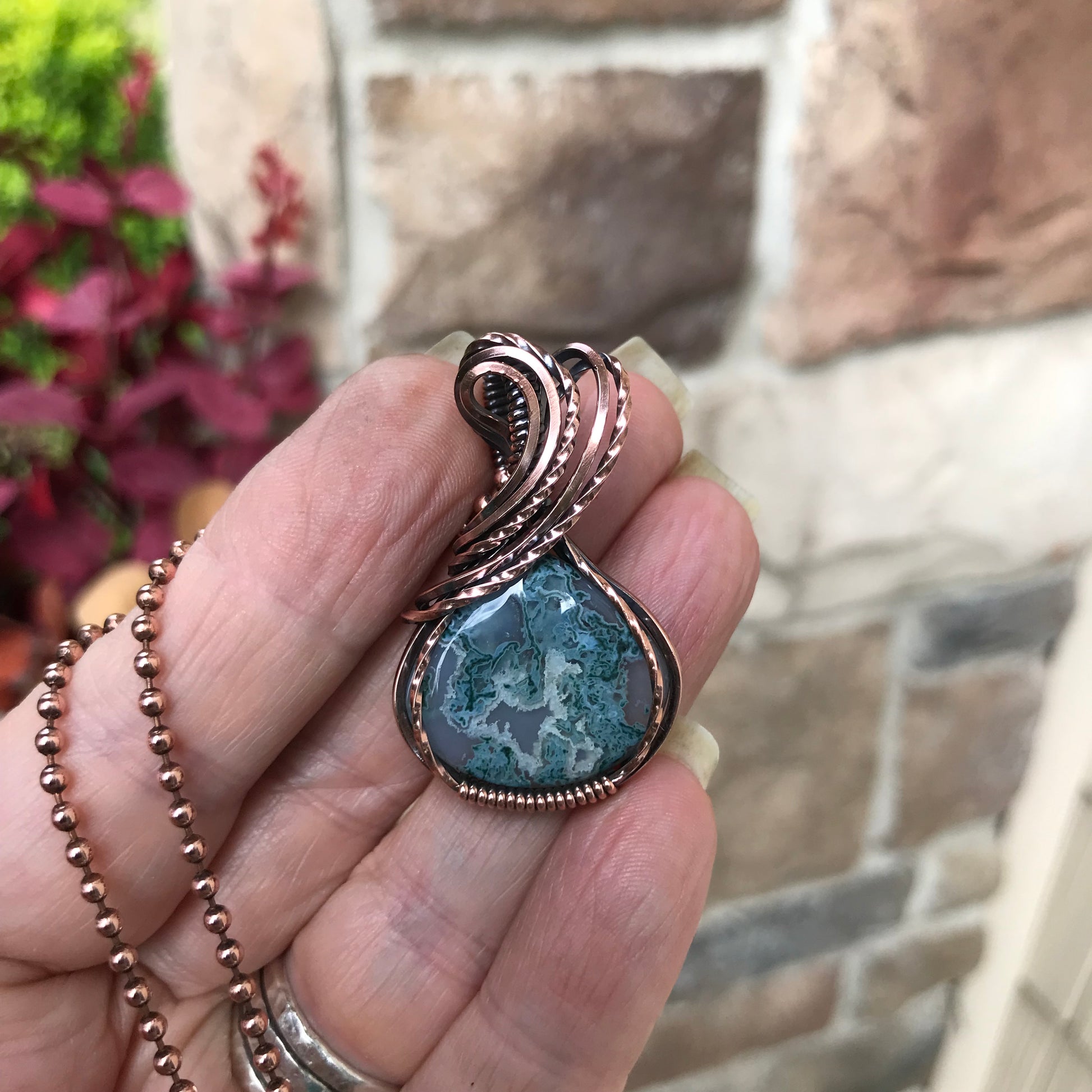 Moss Agate Teardrop Copper Necklace