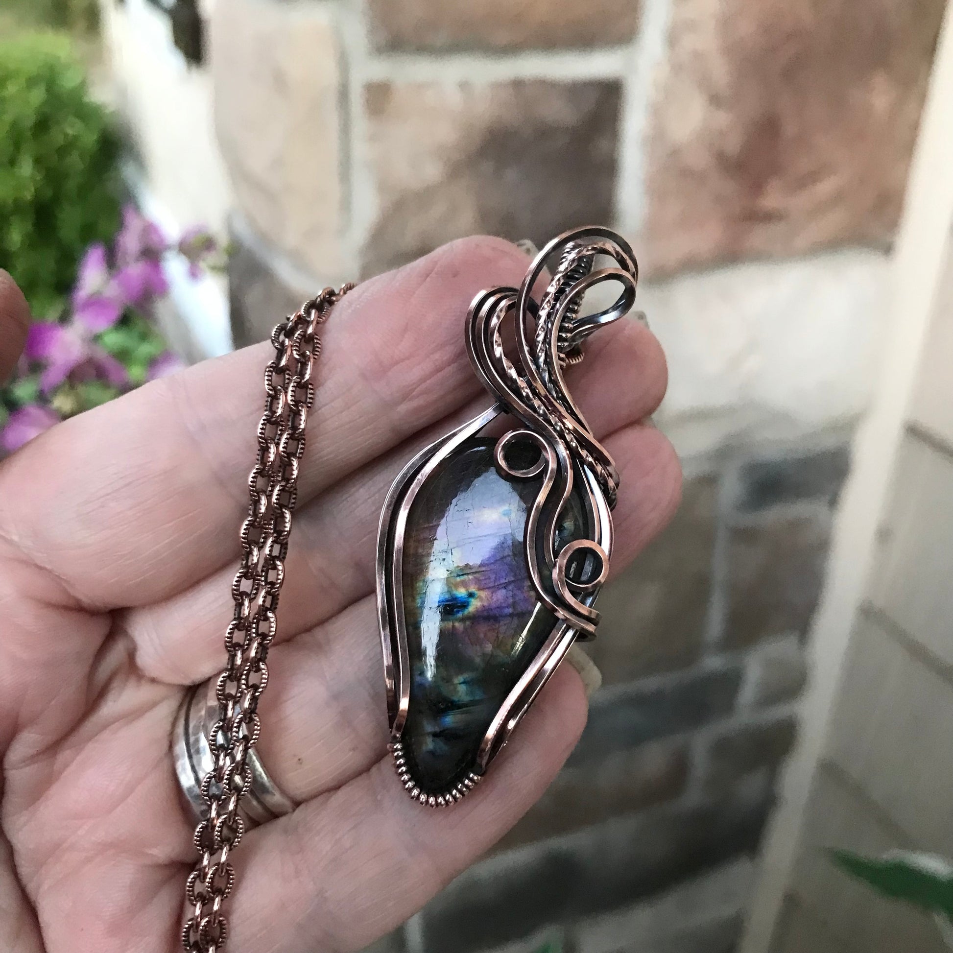 Purple Pink Labradorite Swirly Copper Necklace