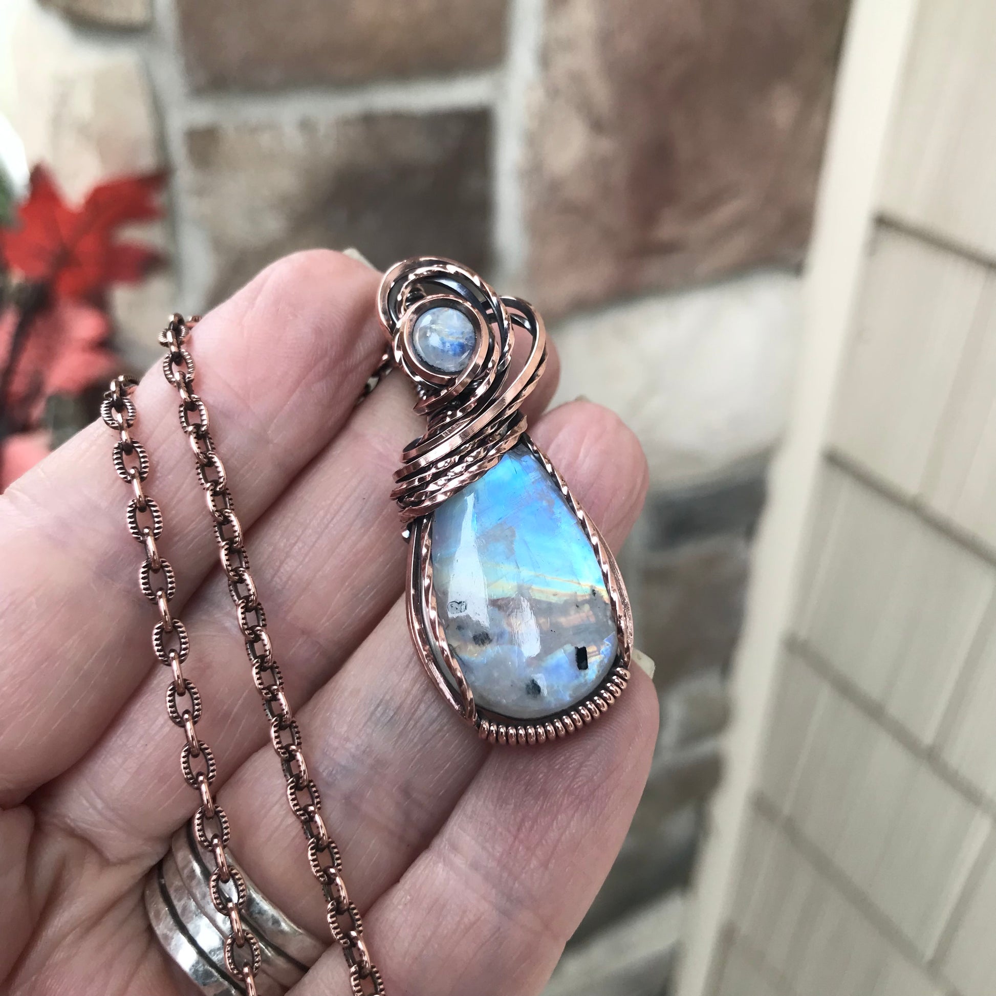 Rainbow Moonstone Copper Pendant