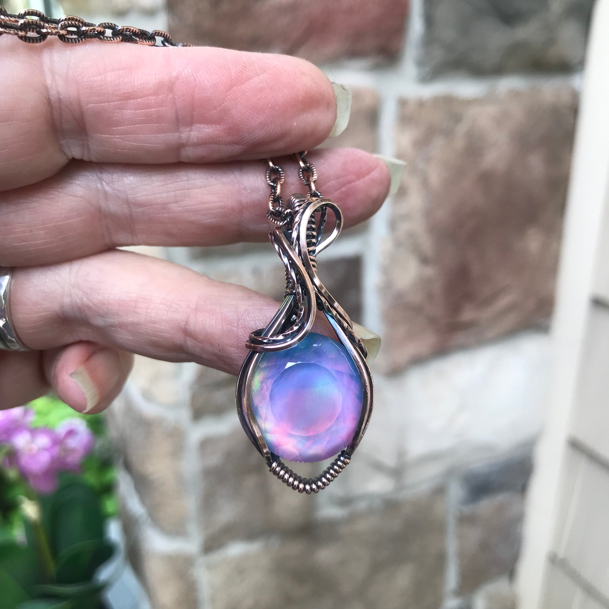 Aurora Opal Pink Purple Round Copper Pendant