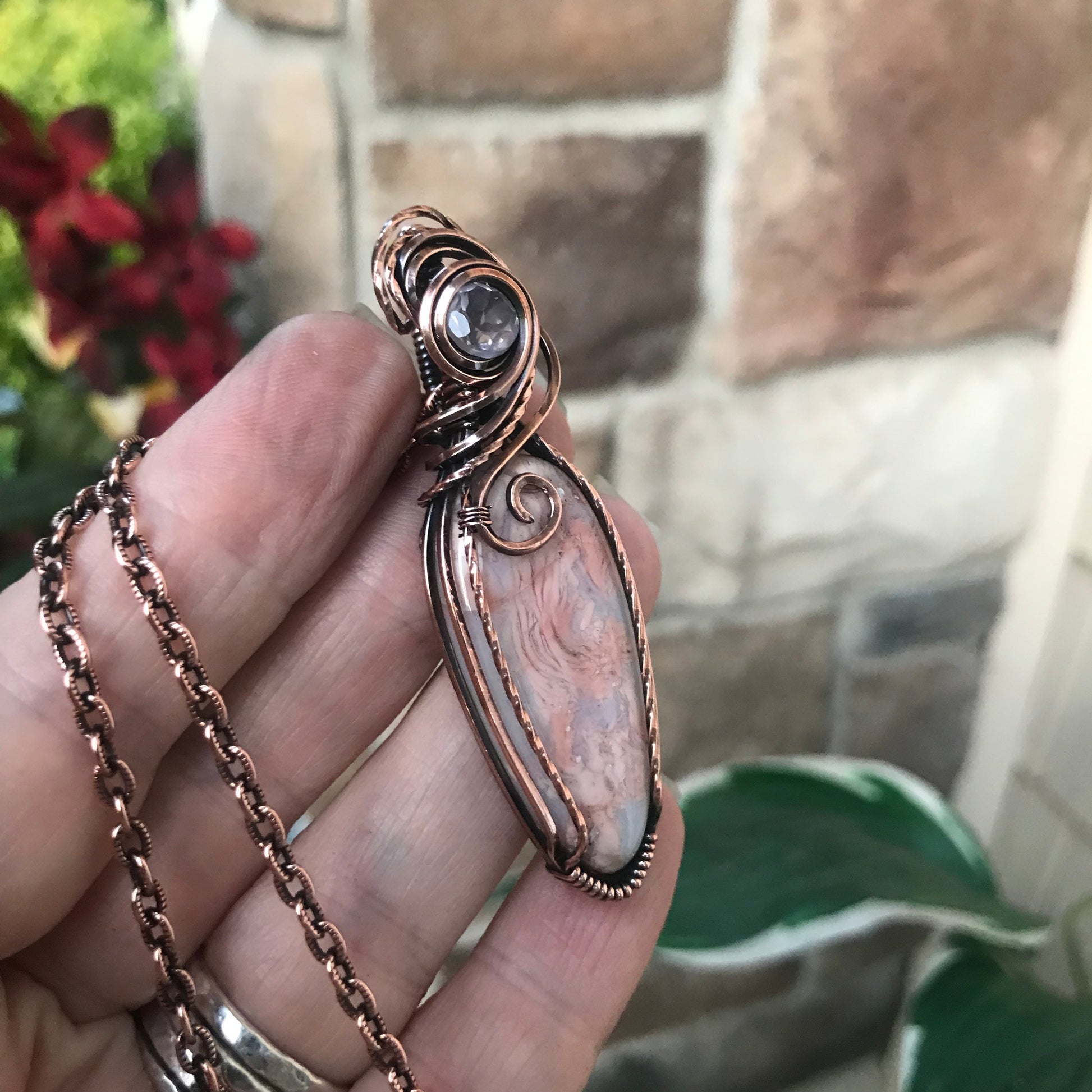 Cotton Candy Agate & Faceted Rose Quartz Copper Pendant