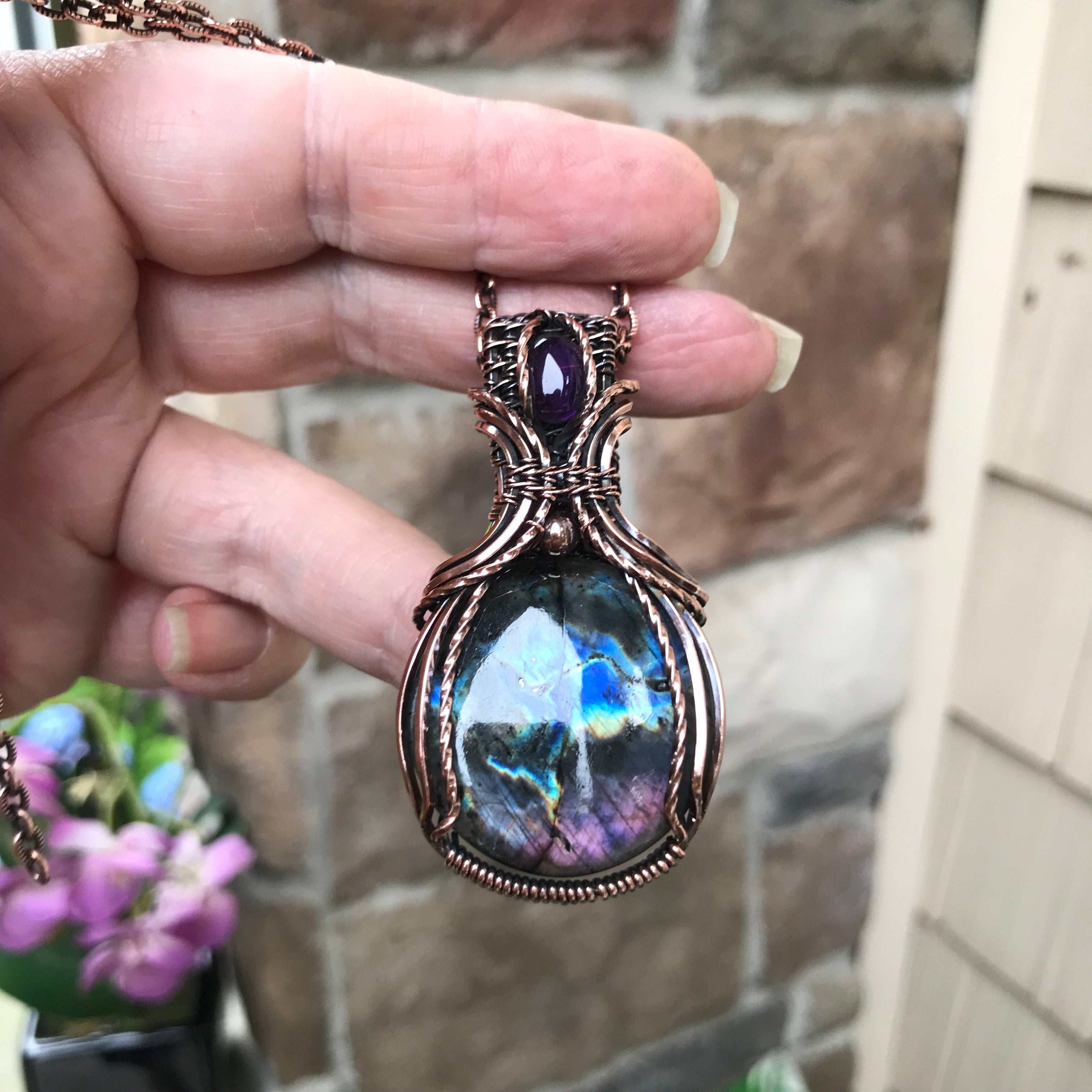 Purple Blue Labradorite & Amethyst Copper Necklace with Weaving