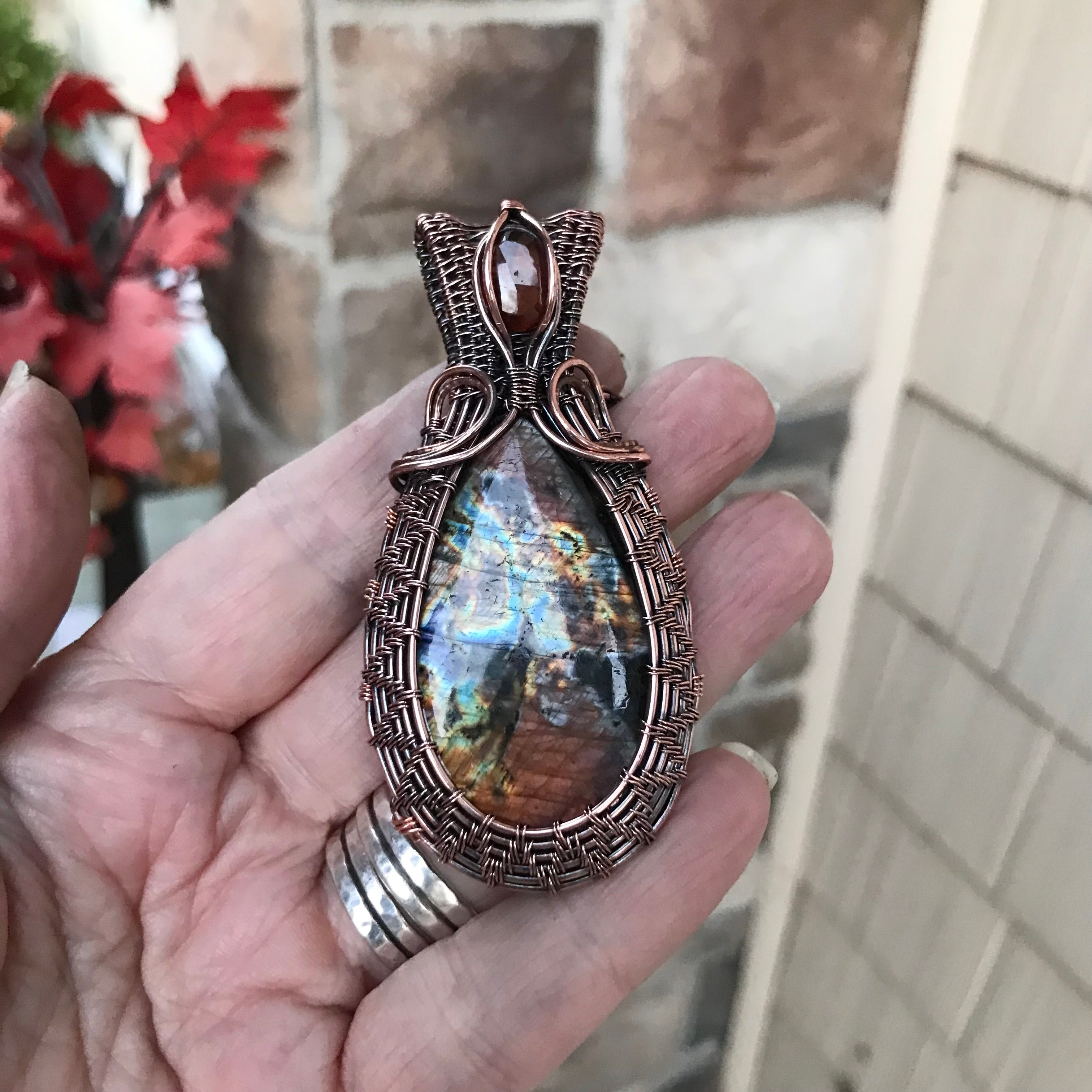 Amber Blue Labradorite & Hessonite Garnet Woven Copper Pendant