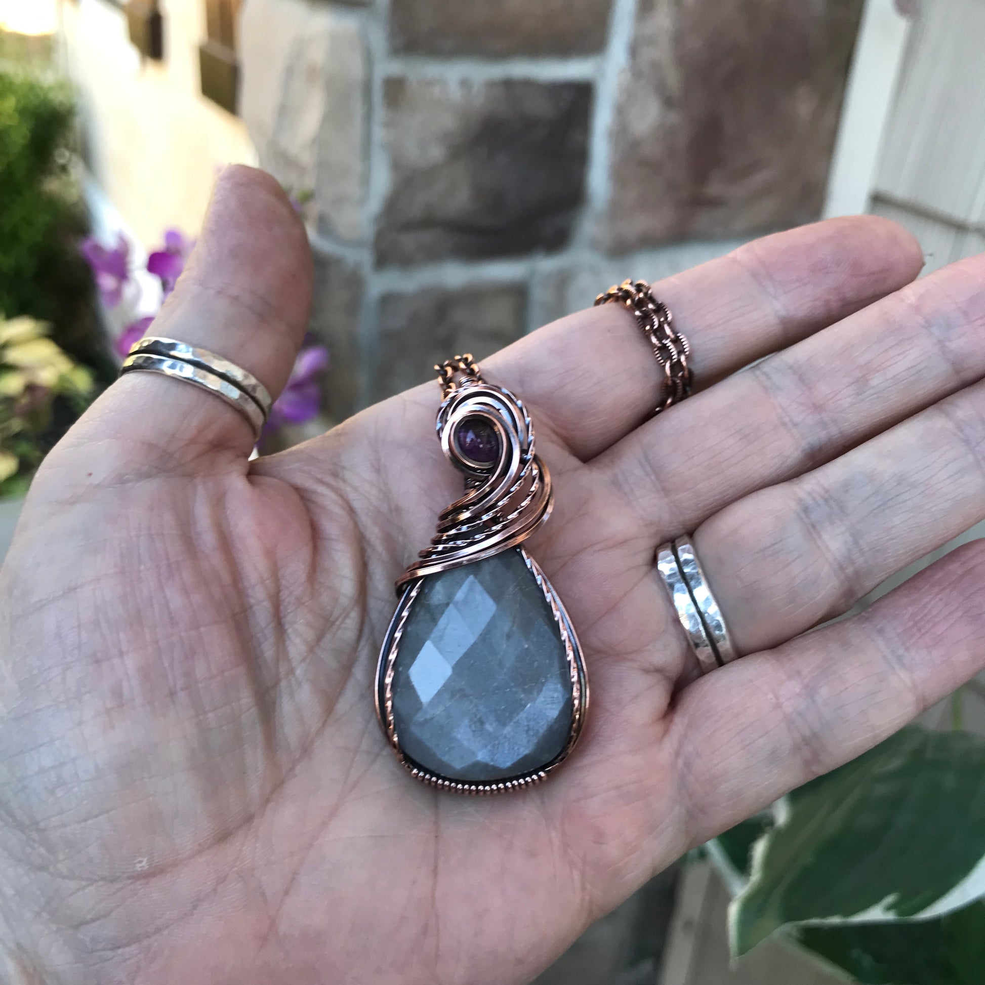 Gray Faceted Moonstone & Amethyst Copper Pendant