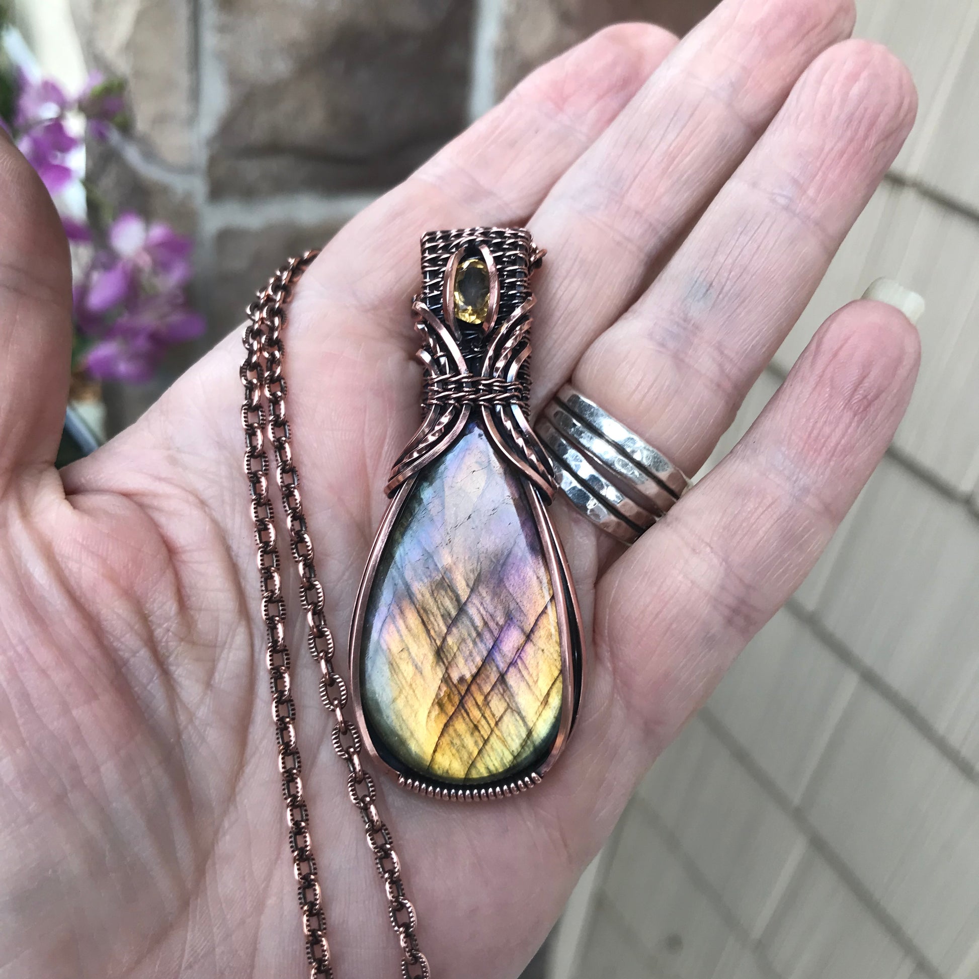 Yellow Lavender Labradorite & Citrine Copper Pendant
