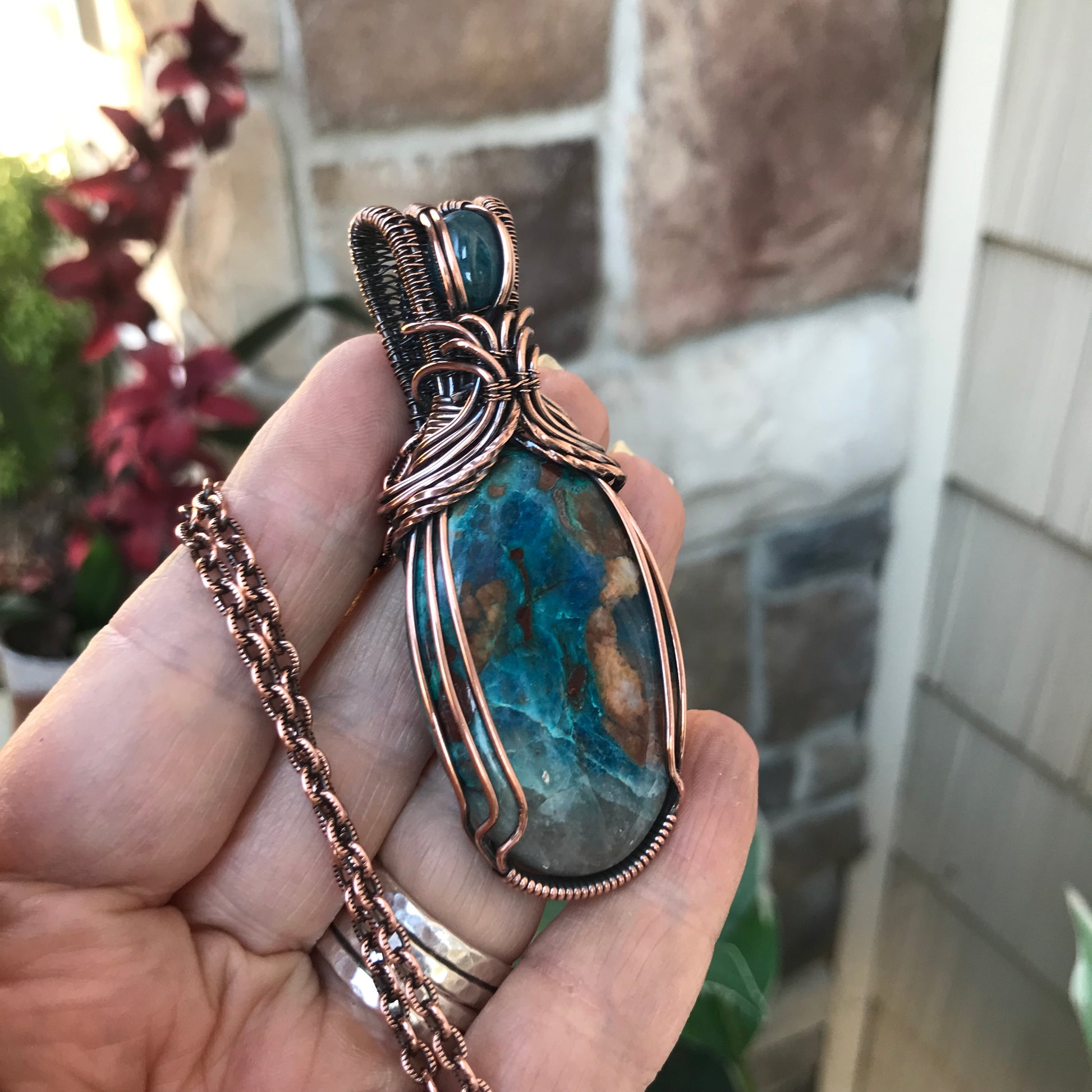 Chrysocolla & Apatite Copper Pendant