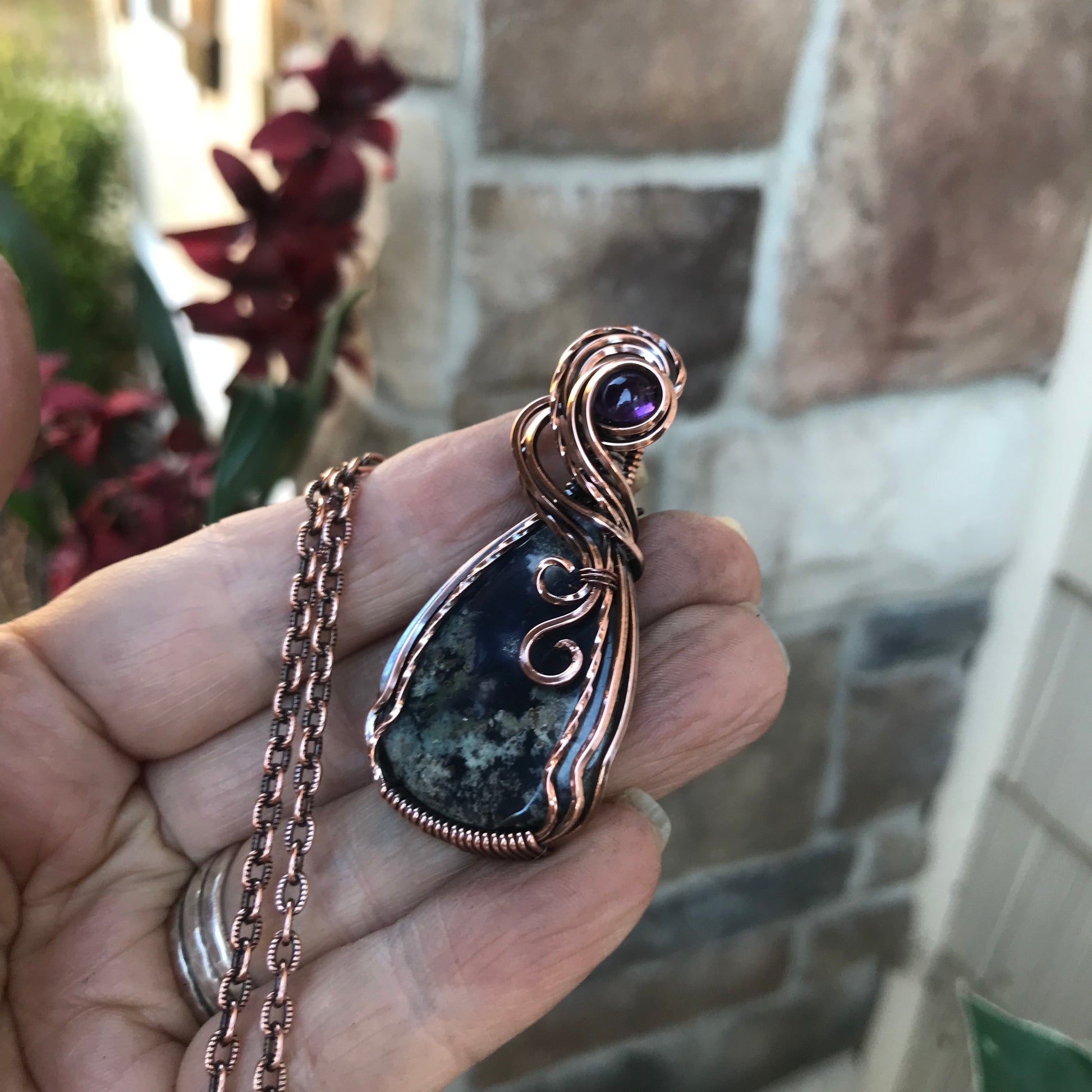 Purple & Green Moss Agate Chalcedony & Amethyst Copper Necklace