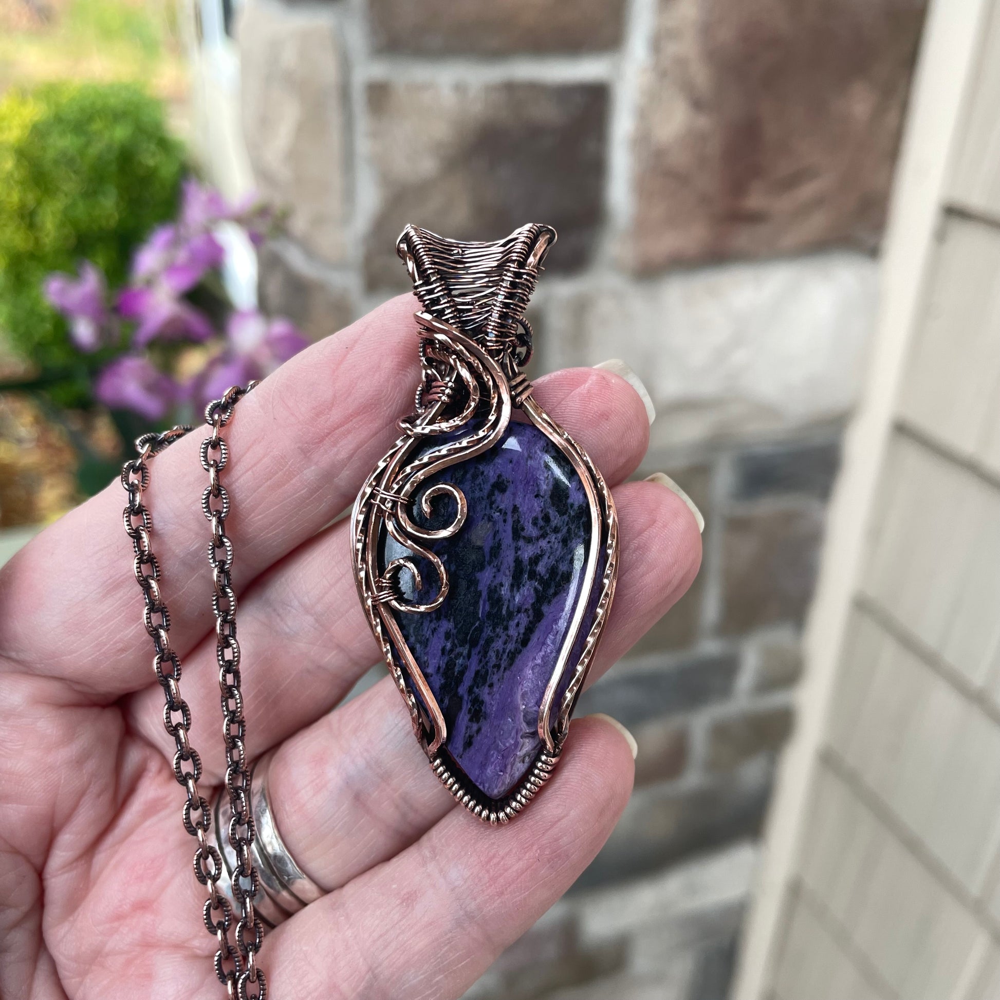Charoite Swirly Copper Pendant with Woven Bail