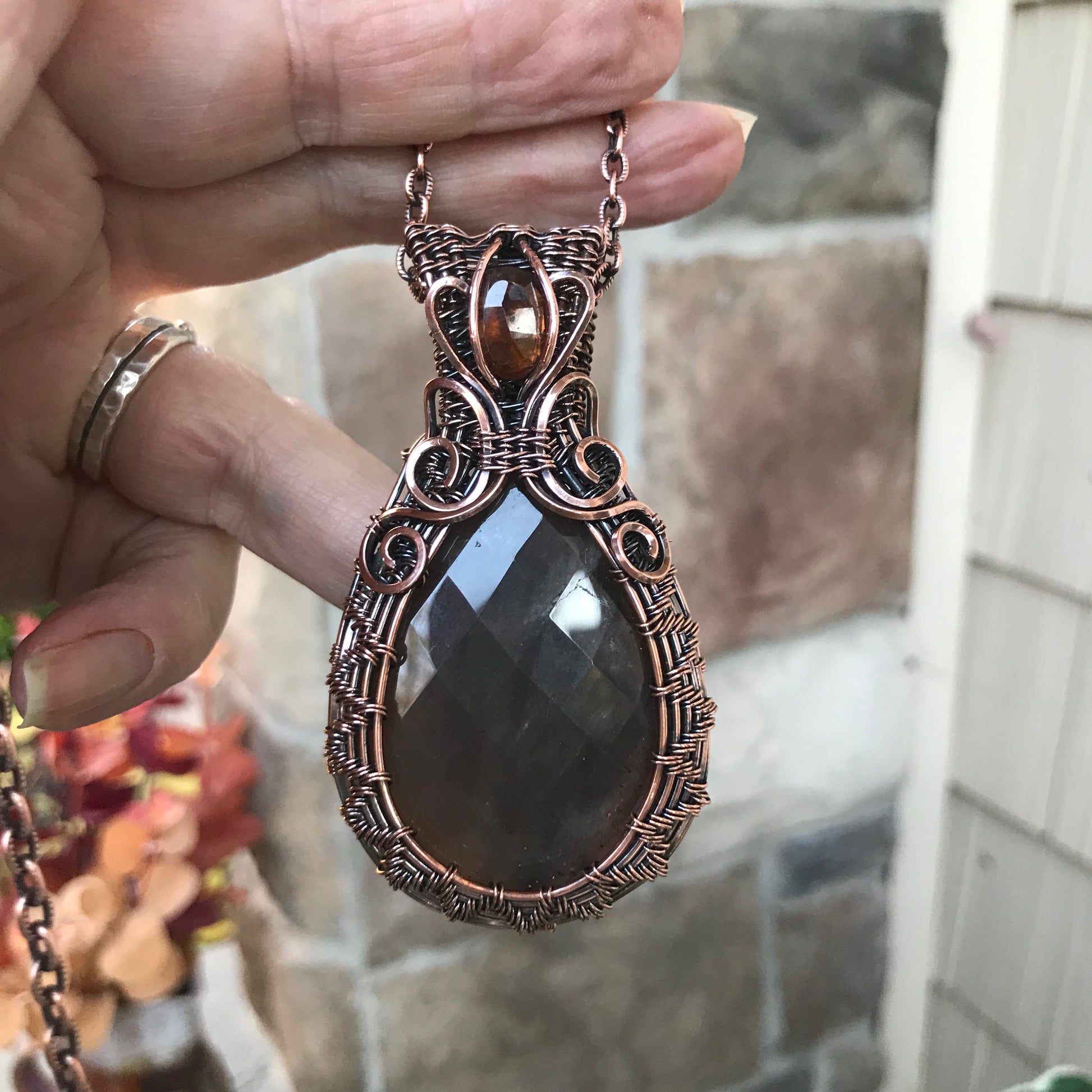 Sunstone & Hessonite Garnet Woven Copper Pendant