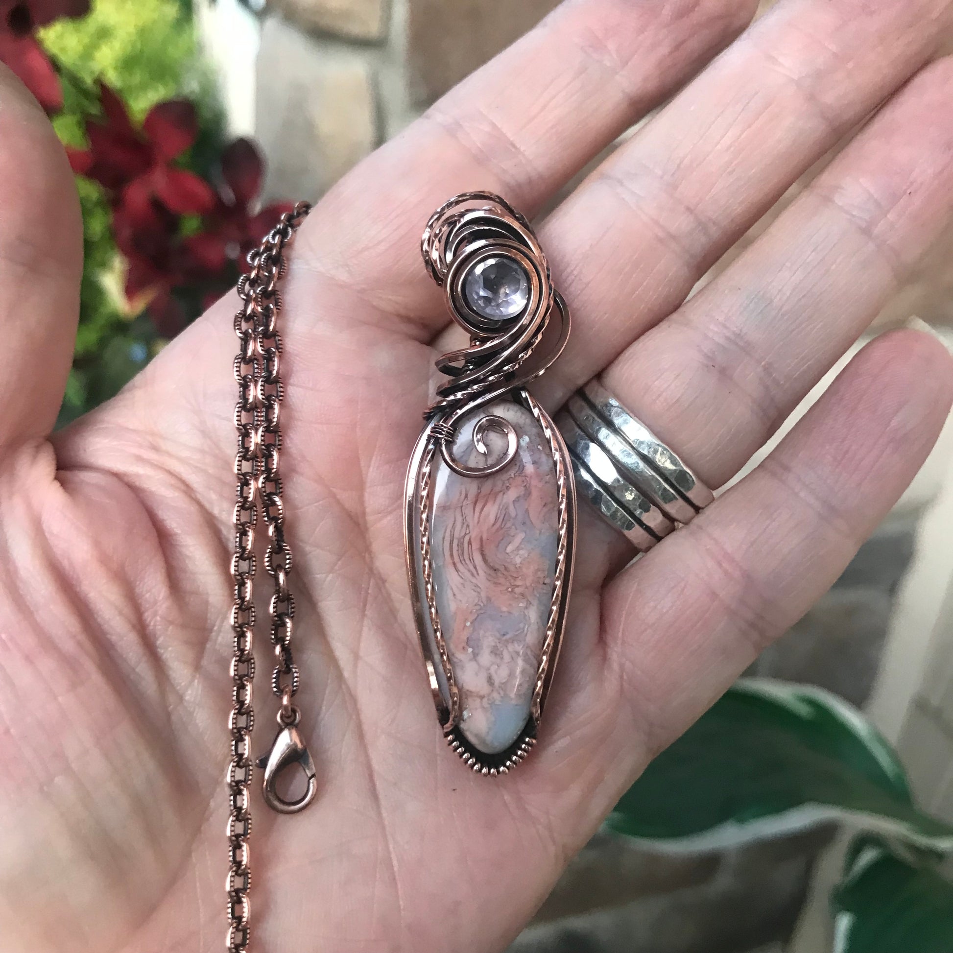 Cotton Candy Agate & Faceted Rose Quartz Copper Pendant