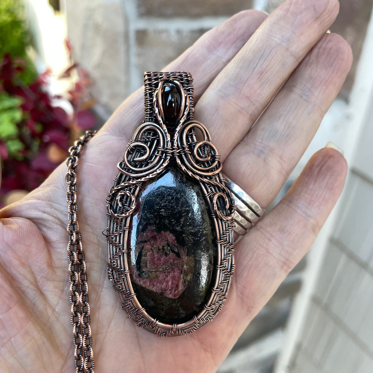 Dark Ruby Zoisite & Garnet Woven Copper Pendant
