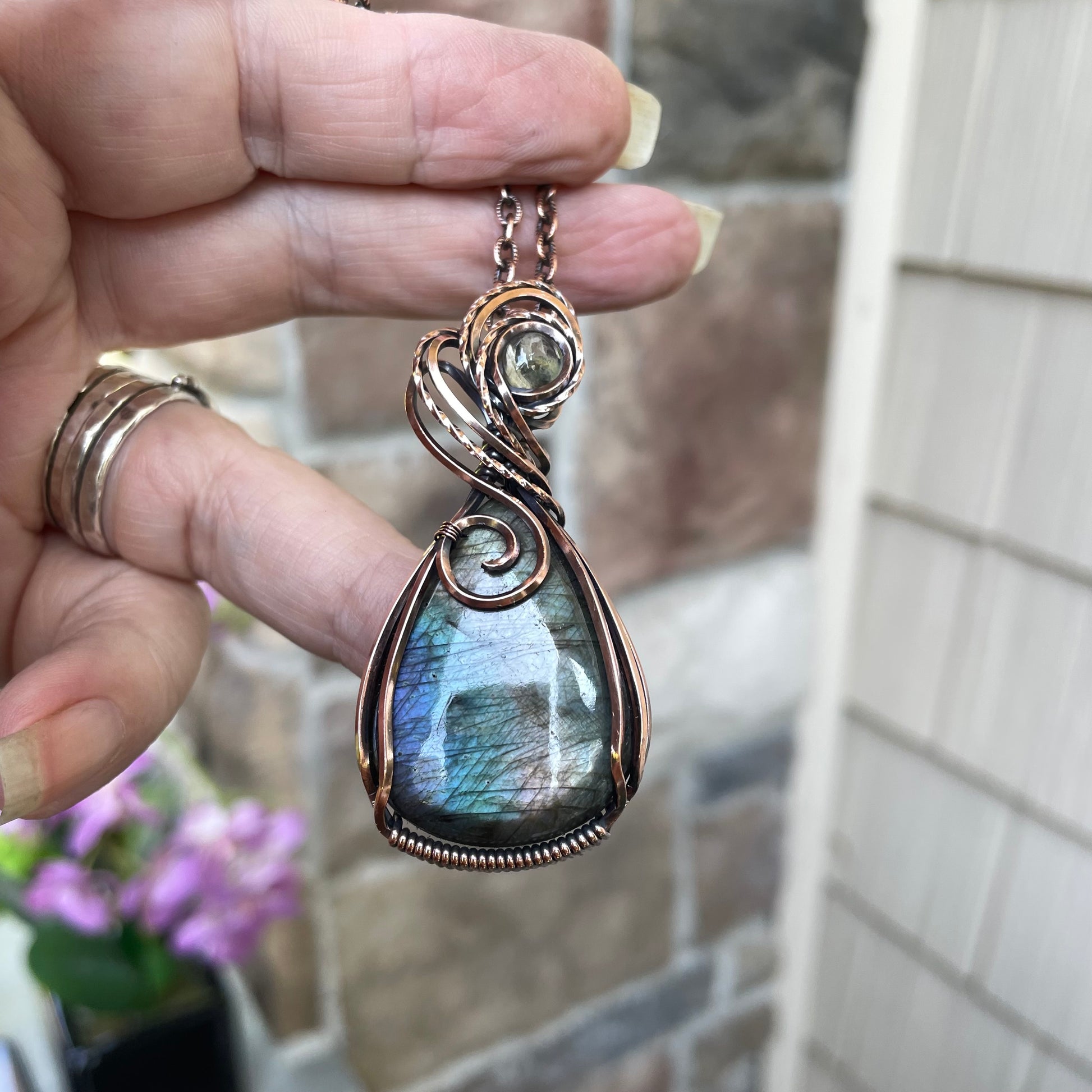 Slate Blue Green Labradorite & Prasiolite Copper Pendant