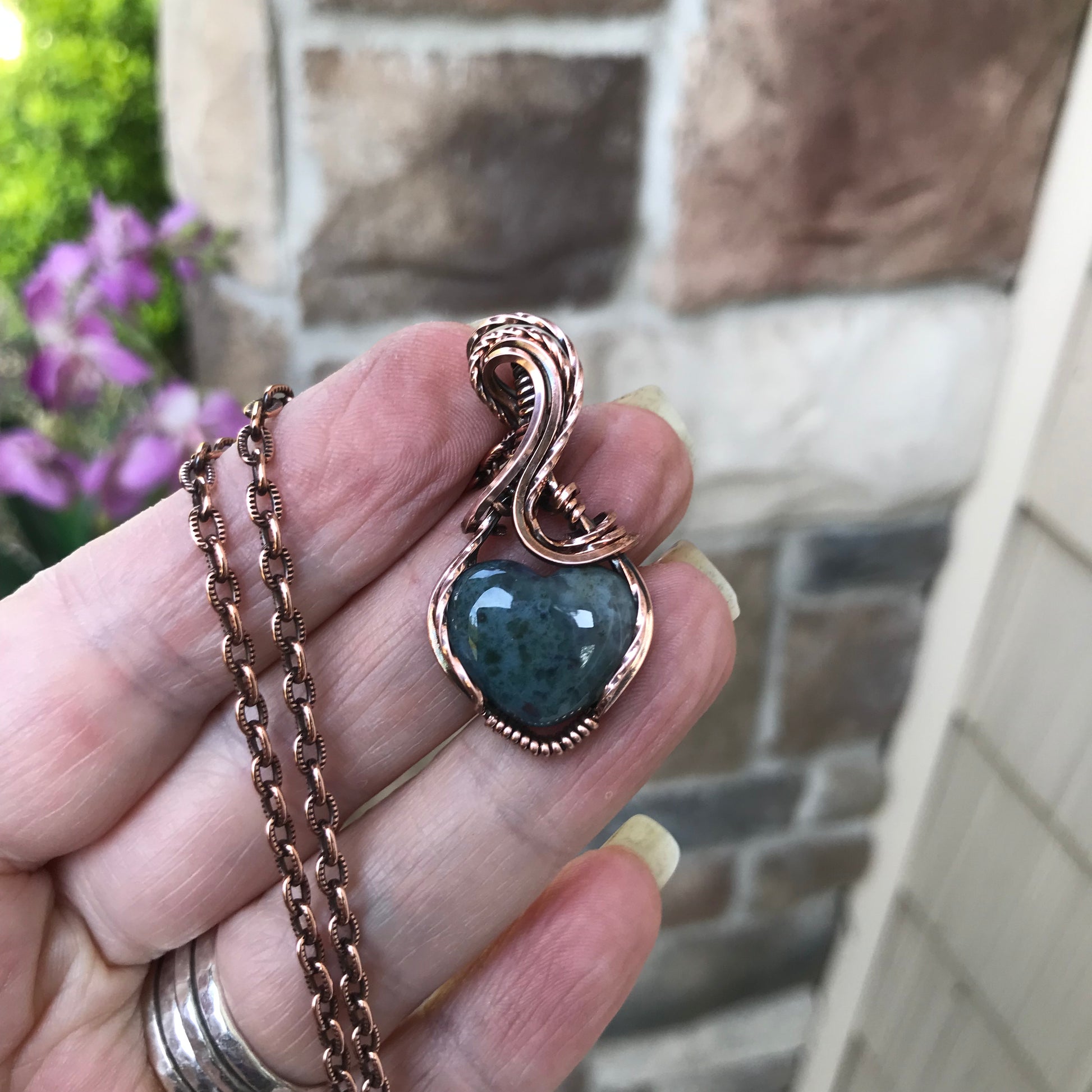 Moss Agate Heart Copper Necklace