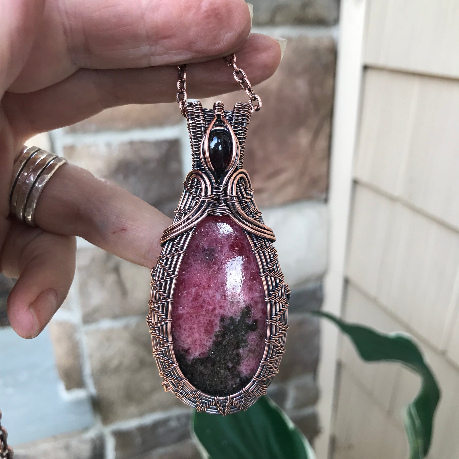 Rhodonite & Garnet Woven Copper Pendant