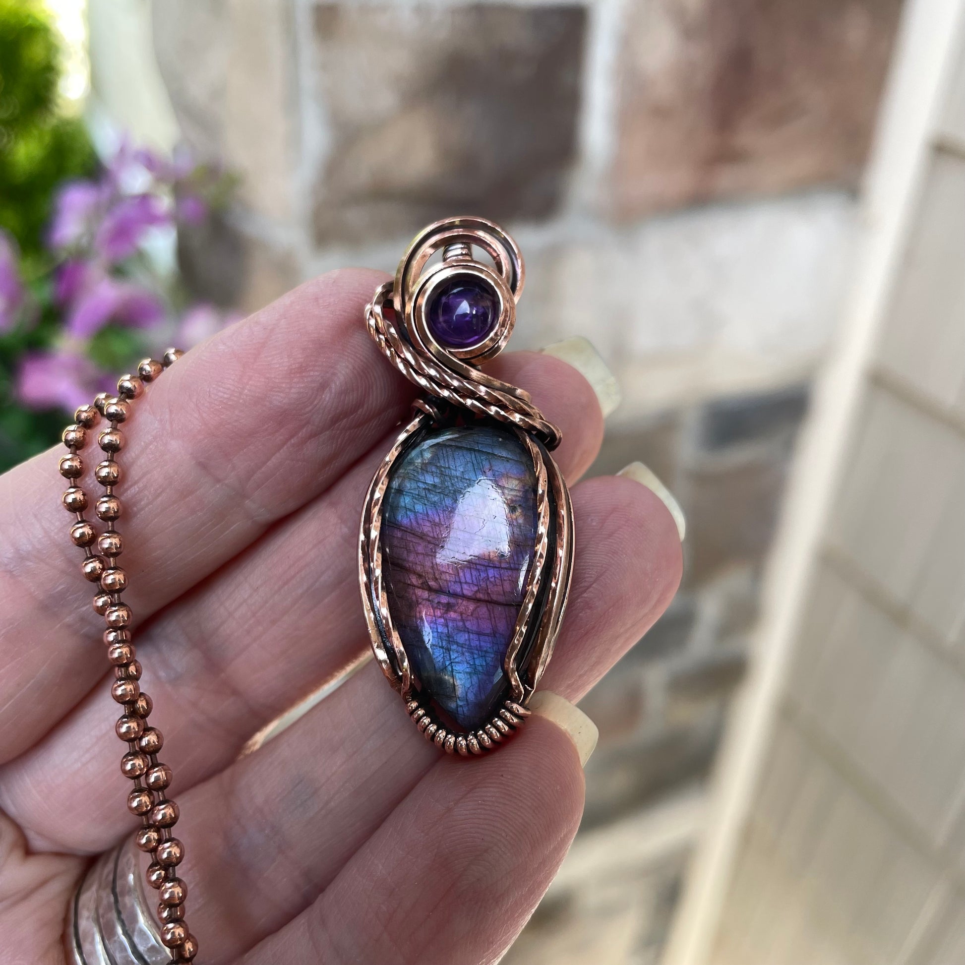 Blue Pink Labradorite & Amethyst Copper Necklace