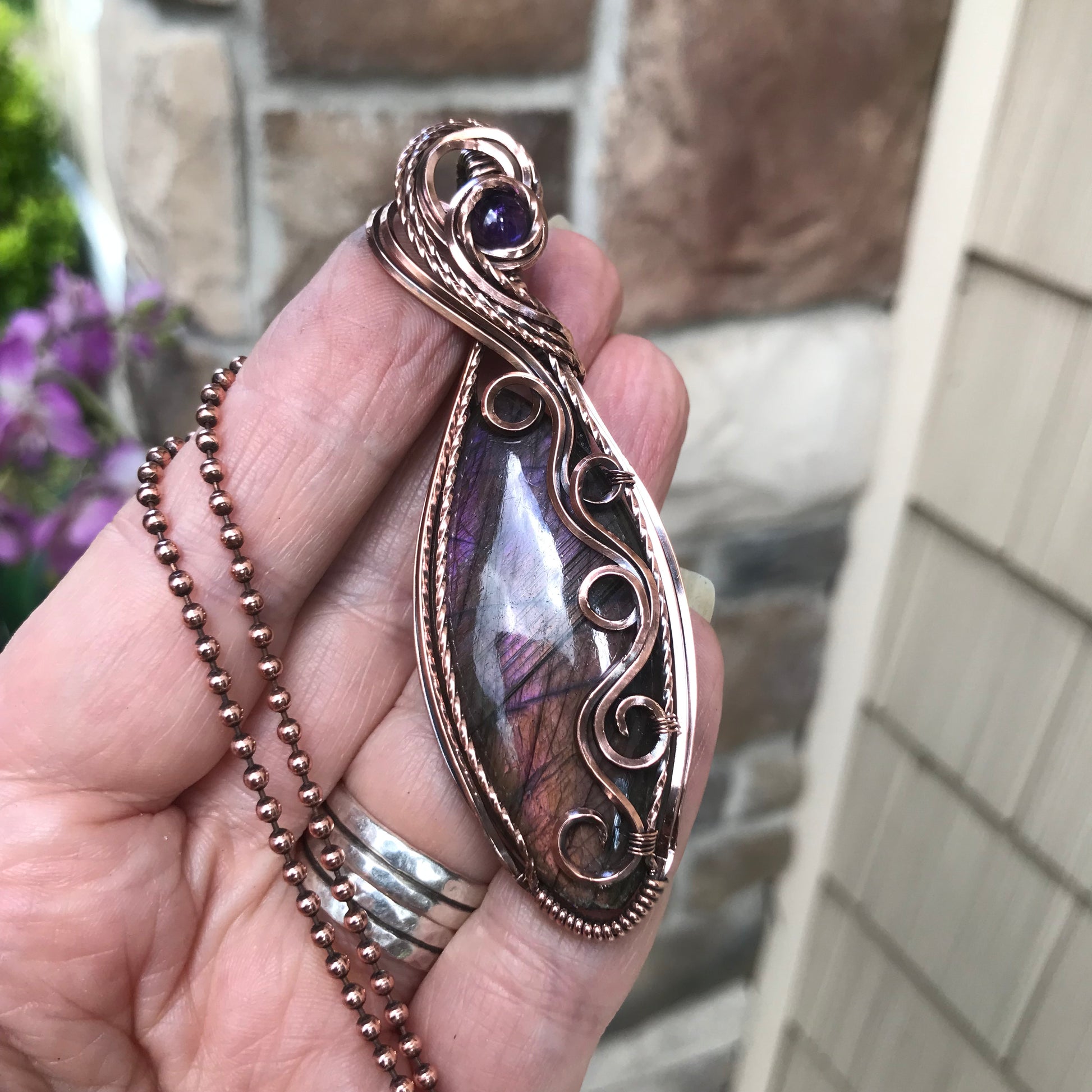 Purple Labradorite & Amethyst Swirly Copper Pendant