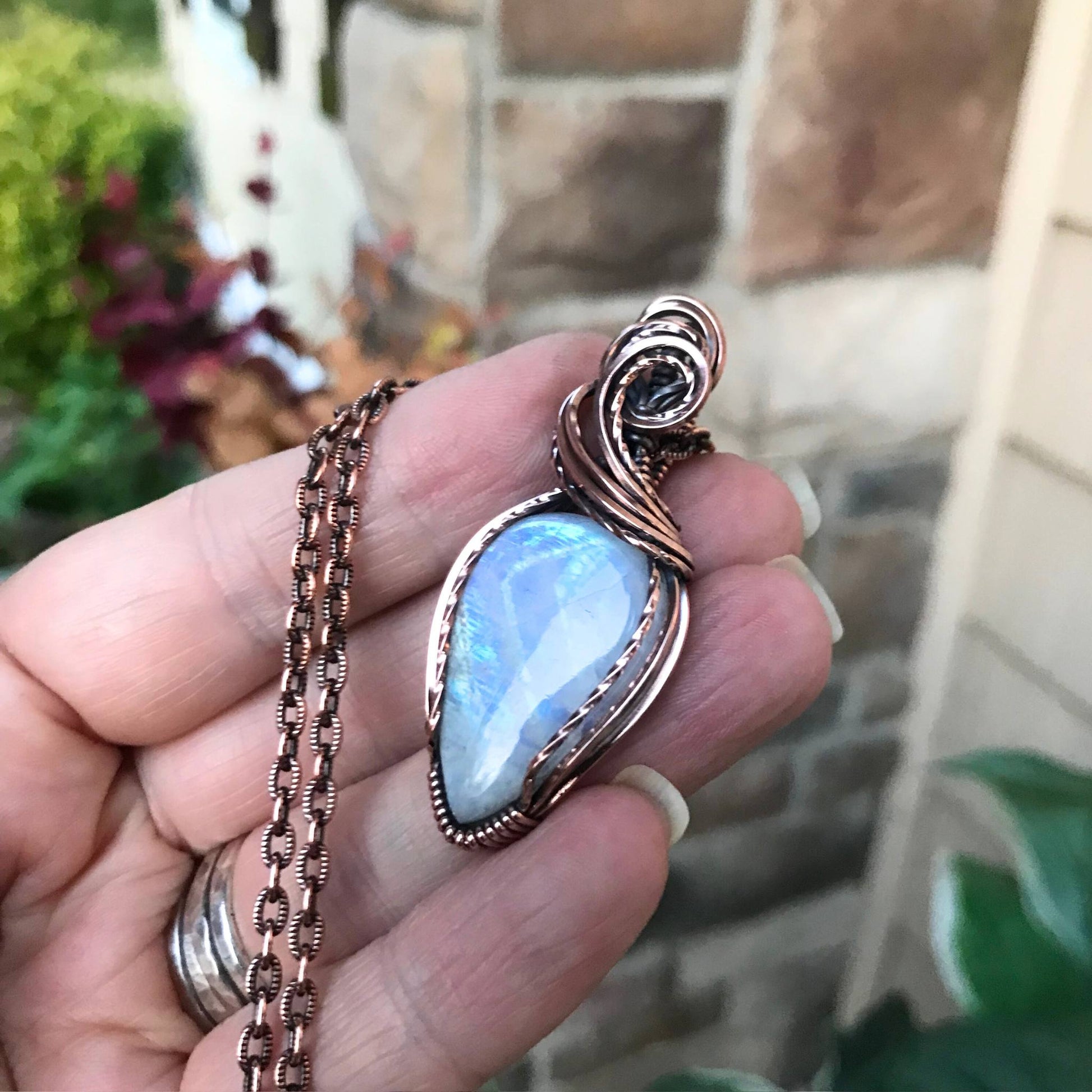 Rainbow Moonstone Copper Pendant