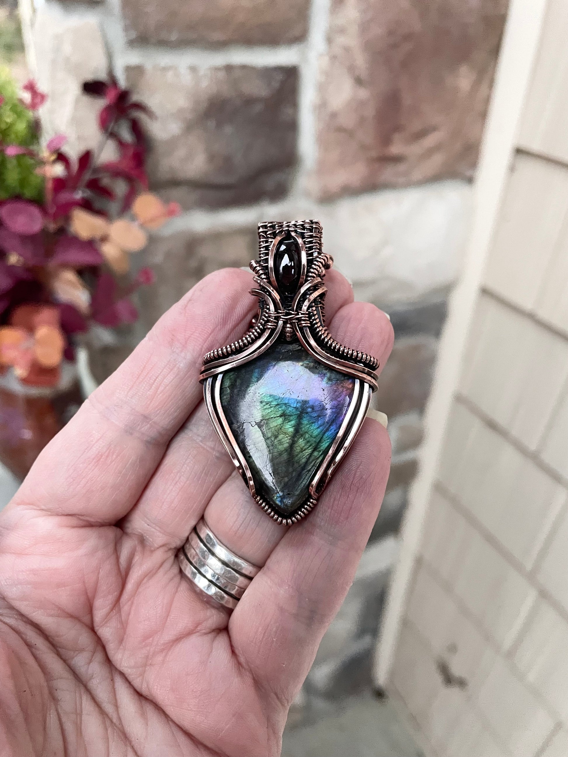 Discounted - Teal Purple Labradorite & Garnet Copper Necklace with Weaving