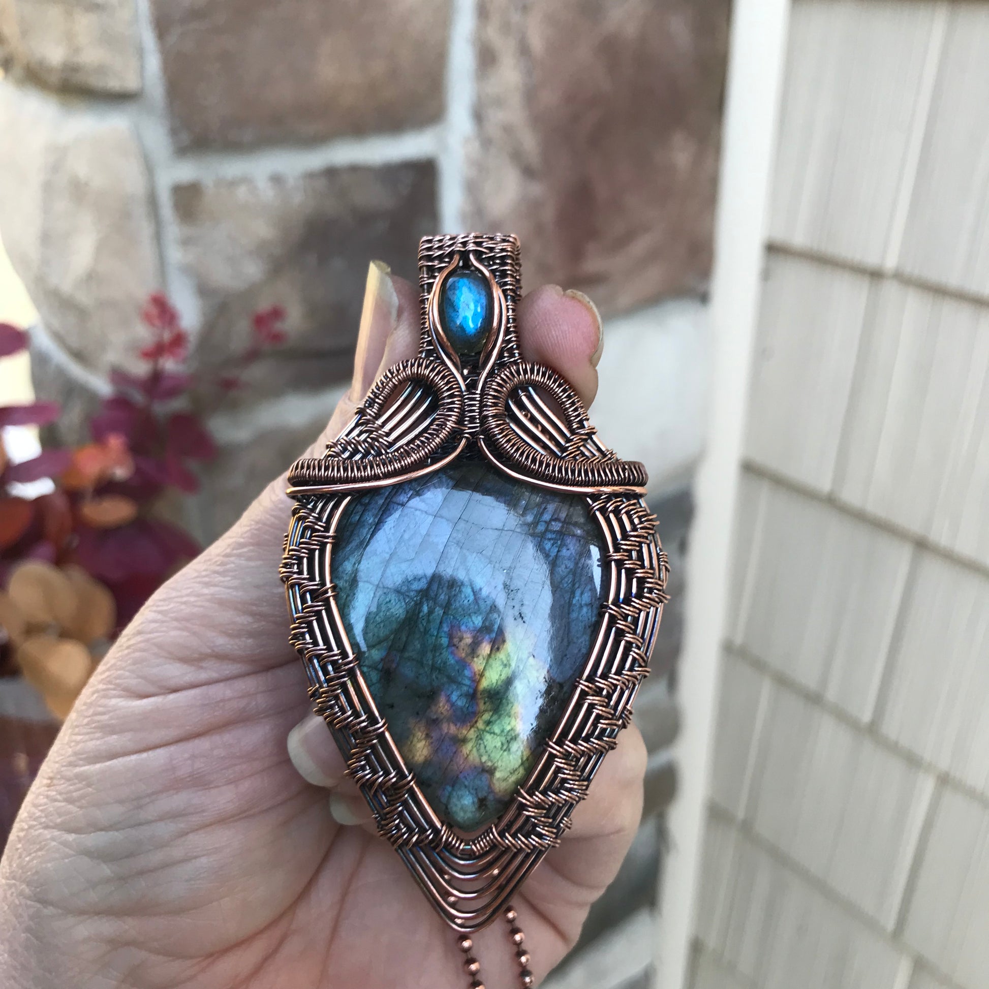 Blue Labradorite Statement Copper Woven Pendant